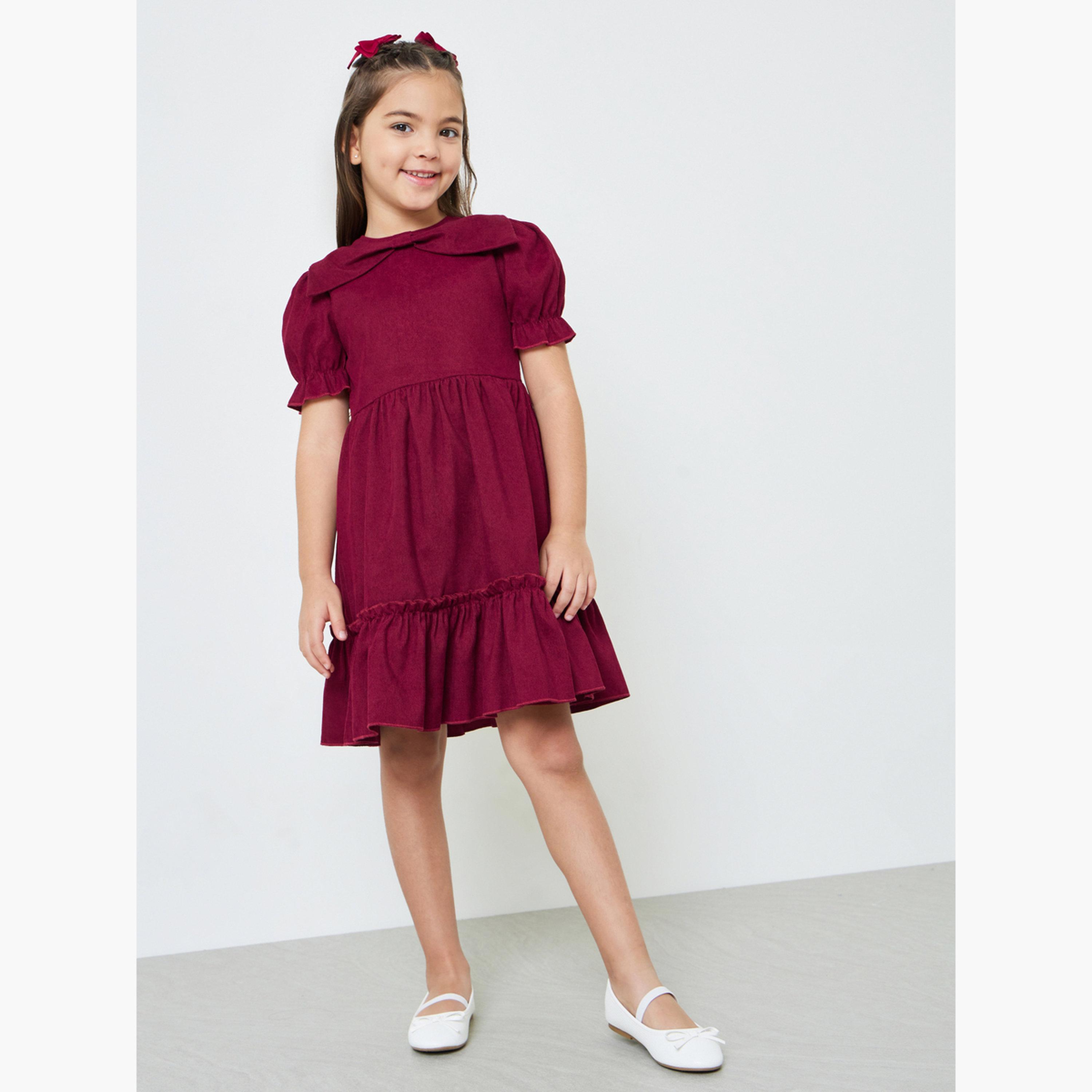 Styli Girls Solid Puff Sleeves Dress with Bow Detail-girls-clothing-bottoms-skirts-image-2