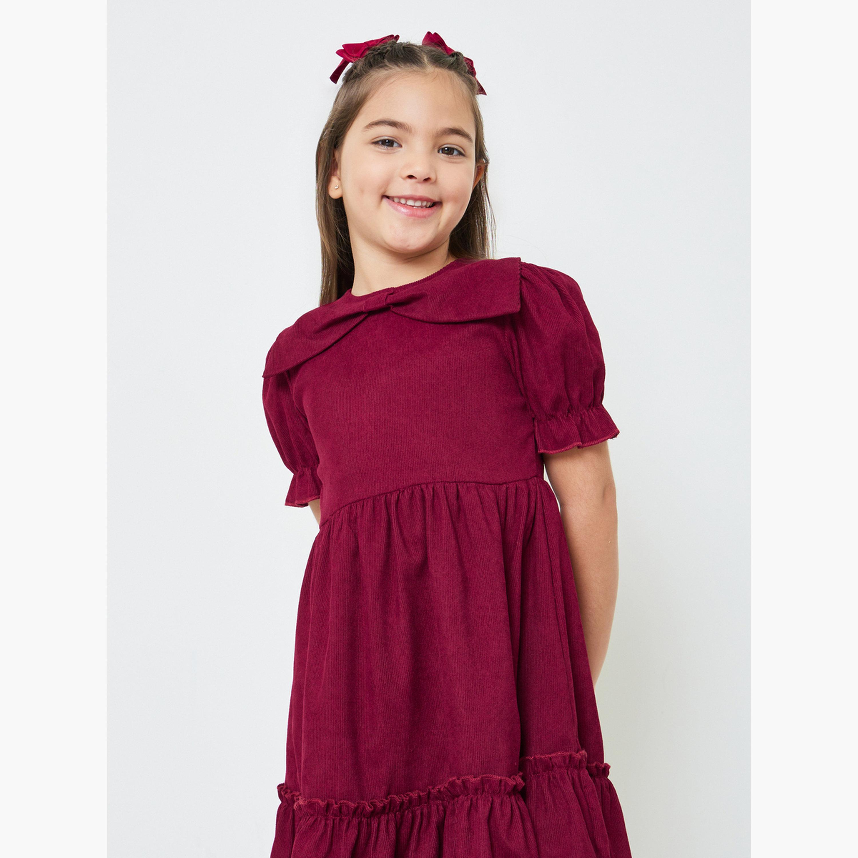 Styli Girls Solid Puff Sleeves Dress with Bow Detail-girls-clothing-bottoms-skirts-image-3