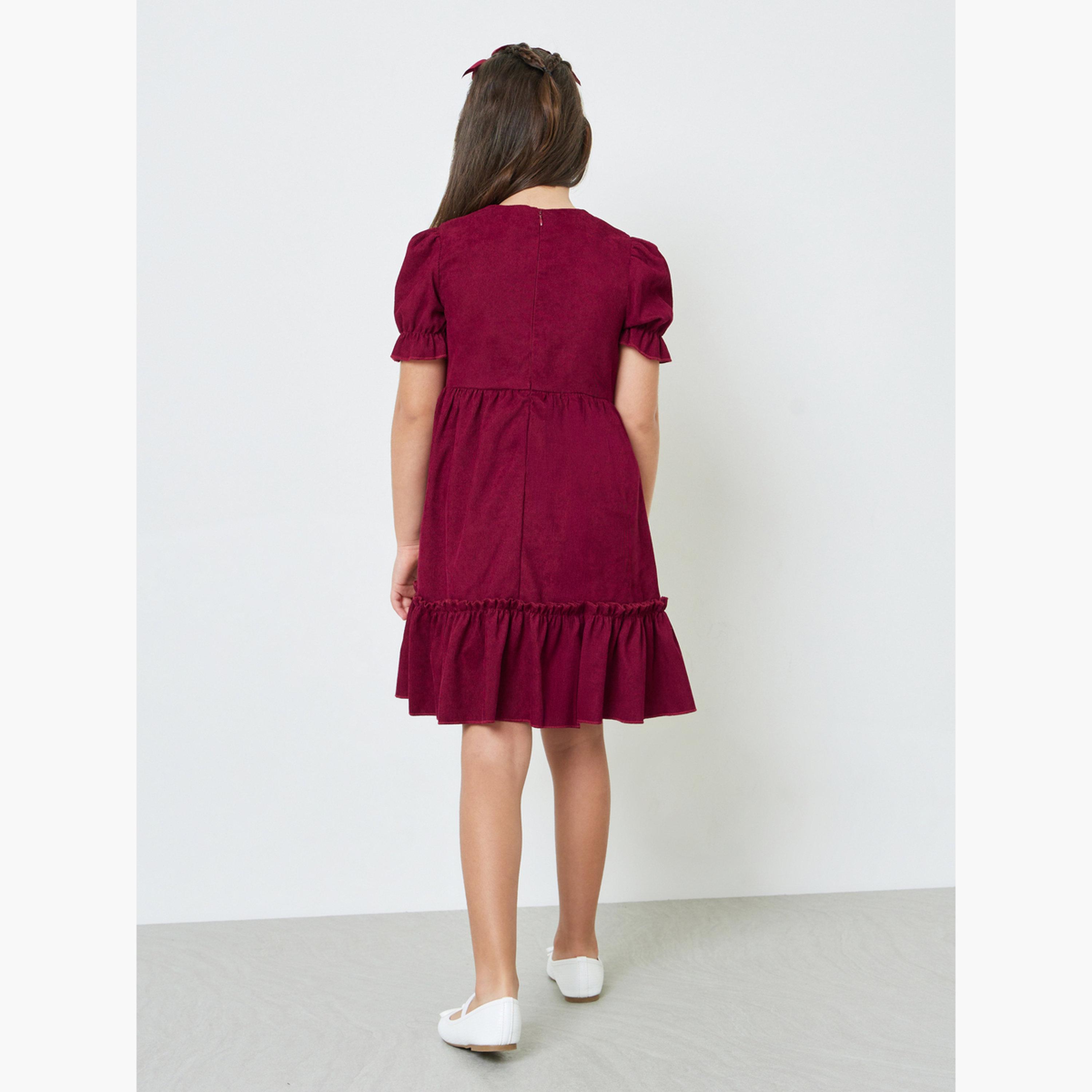 Styli Girls Solid Puff Sleeves Dress with Bow Detail-girls-clothing-bottoms-skirts-image-4