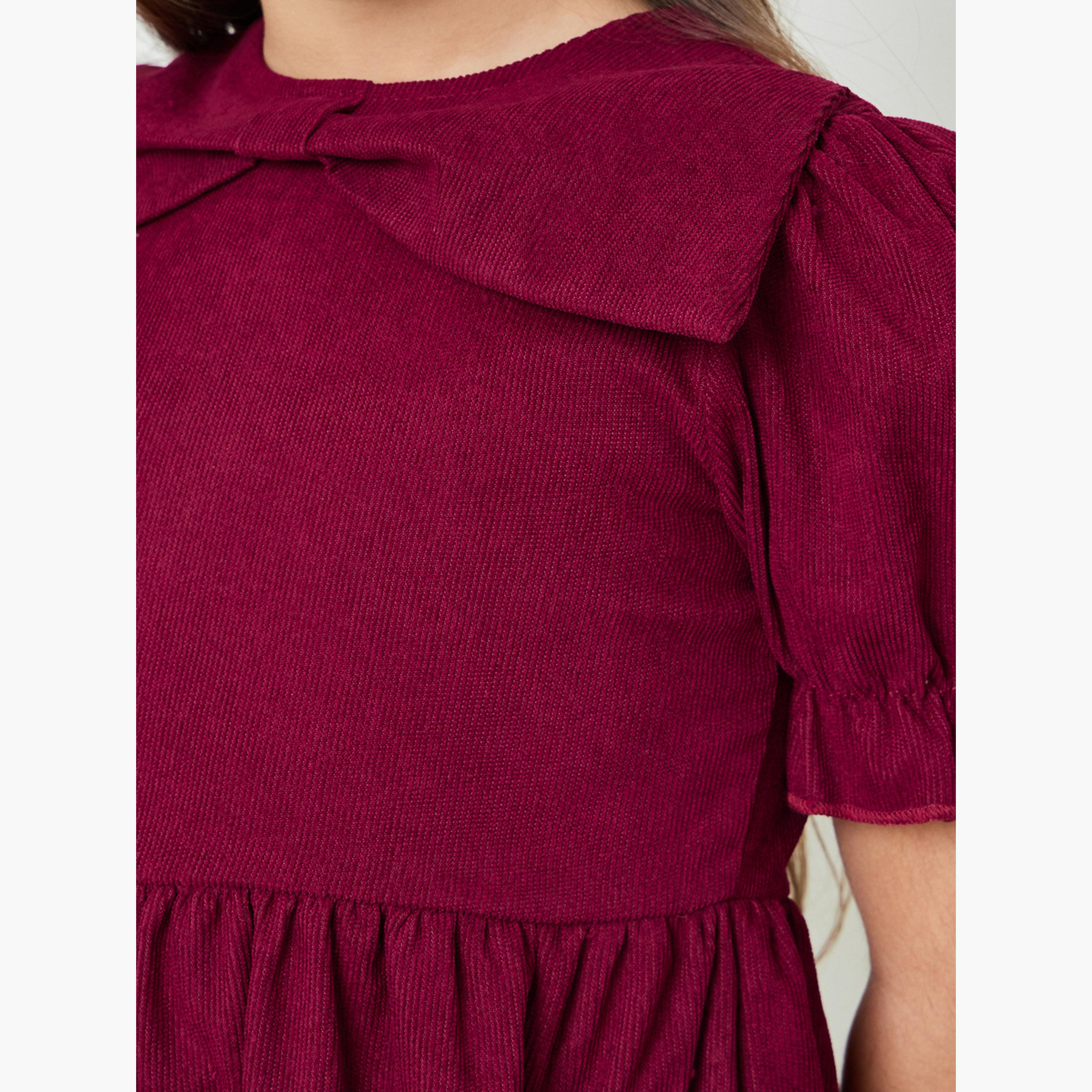 Styli Girls Solid Puff Sleeves Dress with Bow Detail-girls-clothing-bottoms-skirts-image-5
