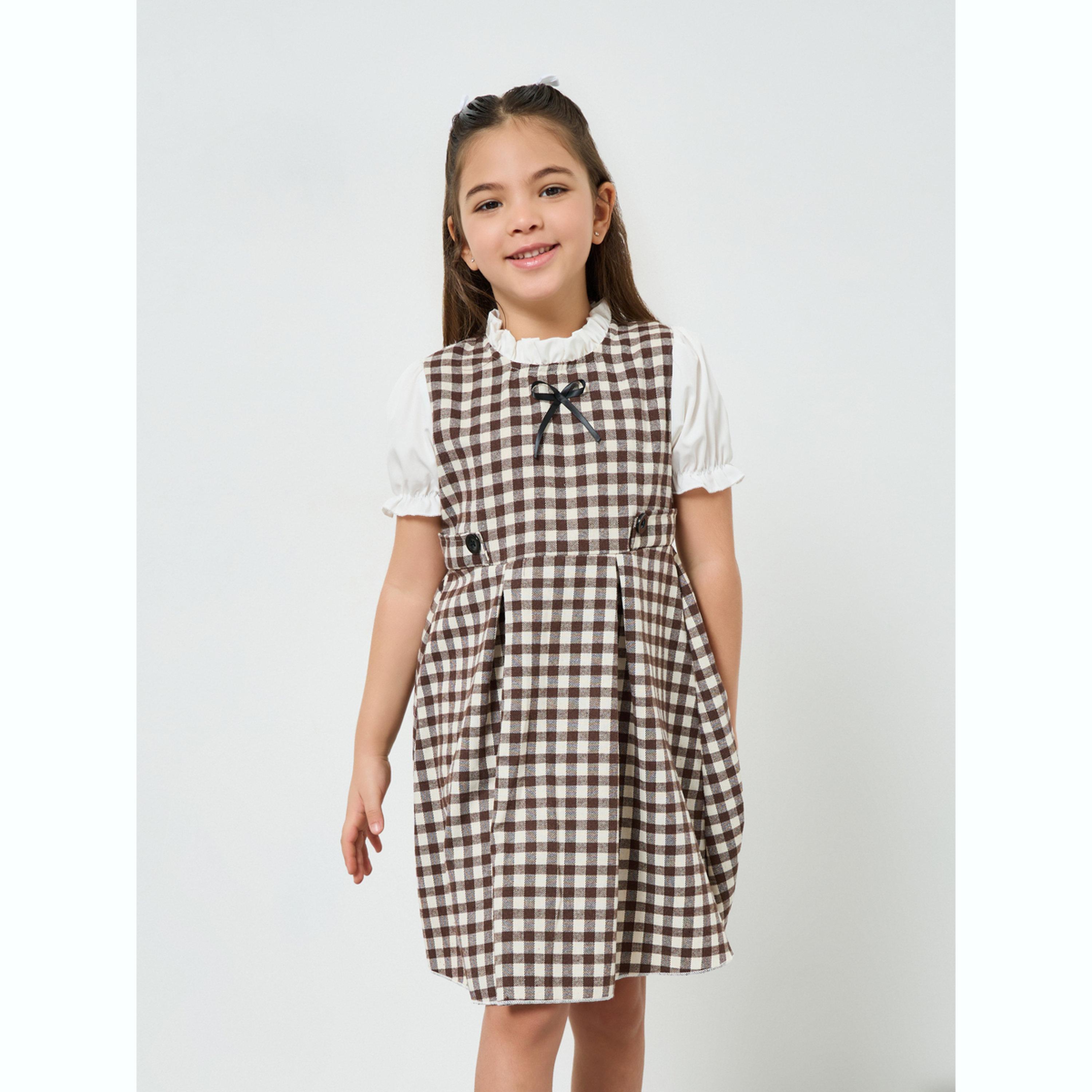 Styli Girls Brown Gingham A-Line Knee-Length Dress-girls-clothing-dressesandjumpsuits-image-1
