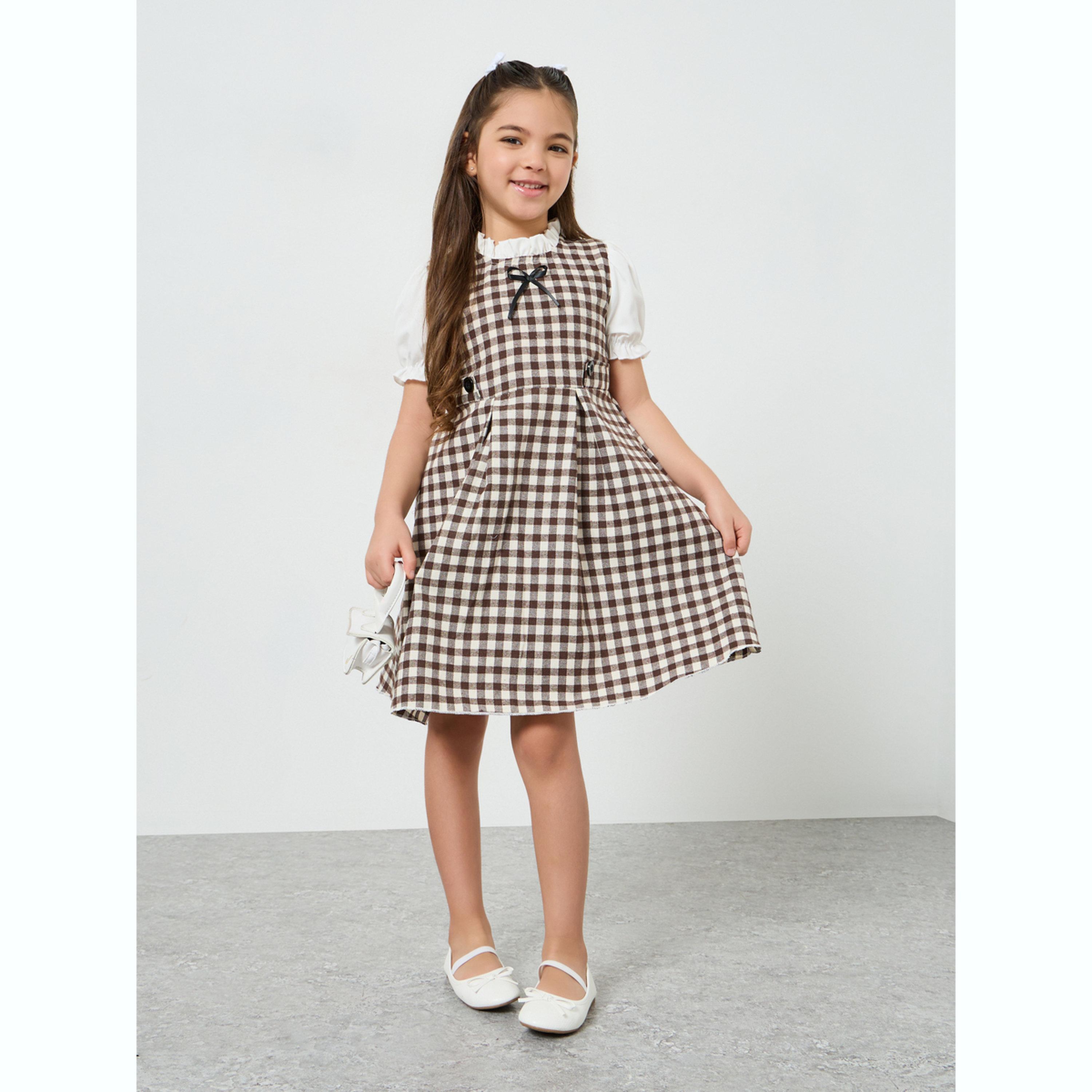Styli Girls Brown Gingham A-Line Knee-Length Dress-girls-clothing-dressesandjumpsuits-image-2