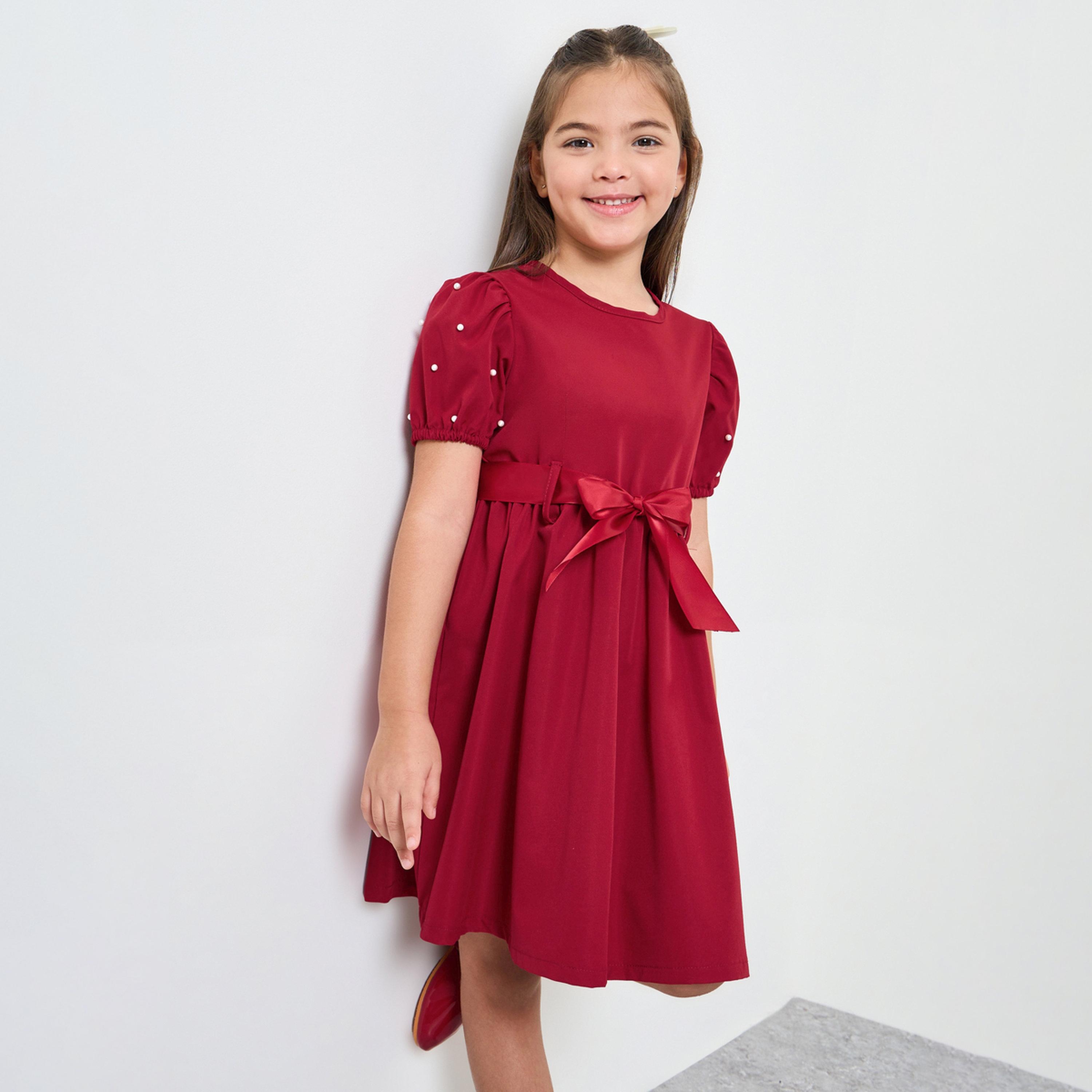 Styli Girls Puff Sleeve Dress with Bow-Tie Waist-girls-clothing-dressesandjumpsuits-image-1