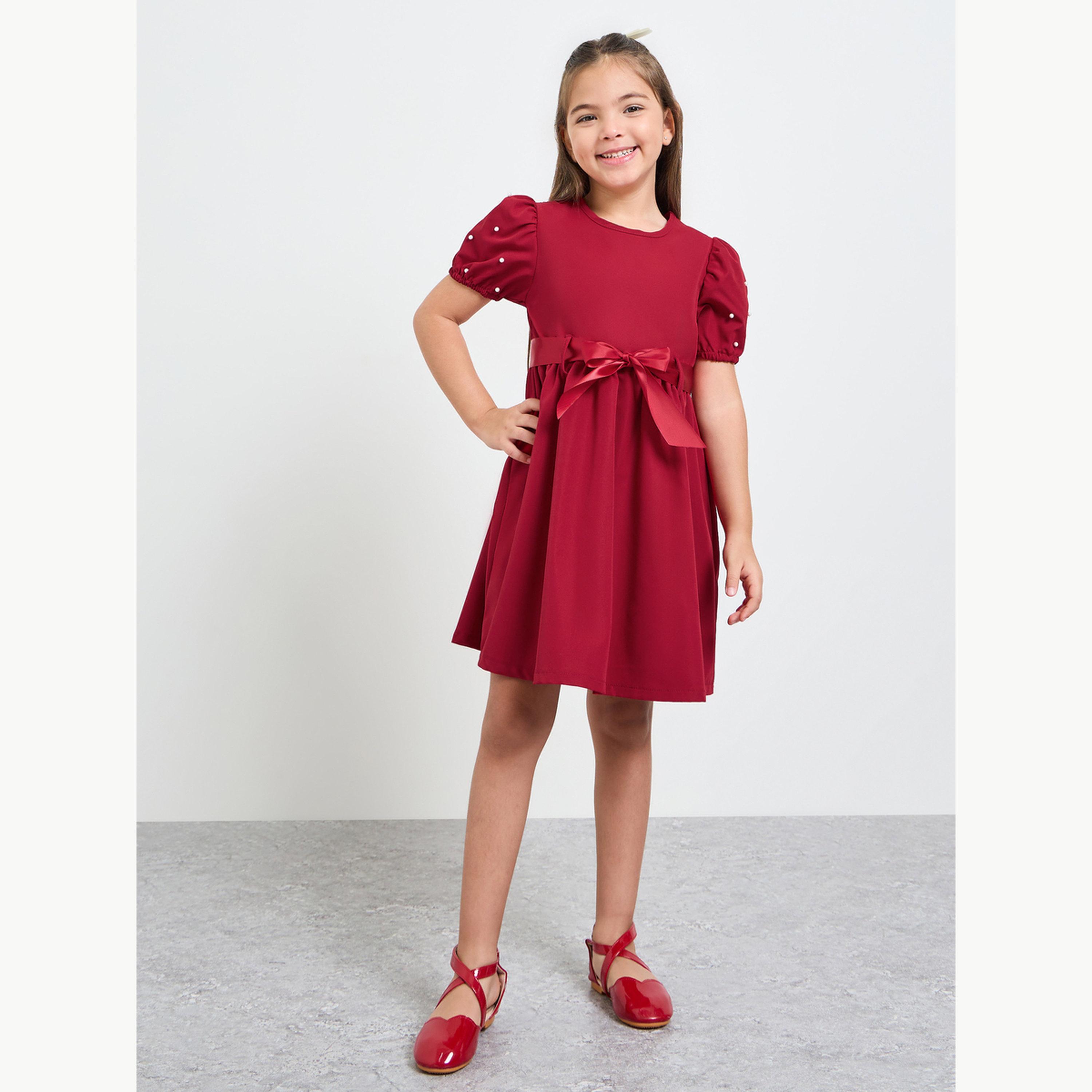 Styli Girls Puff Sleeve Dress with Bow-Tie Waist-girls-clothing-dressesandjumpsuits-image-2