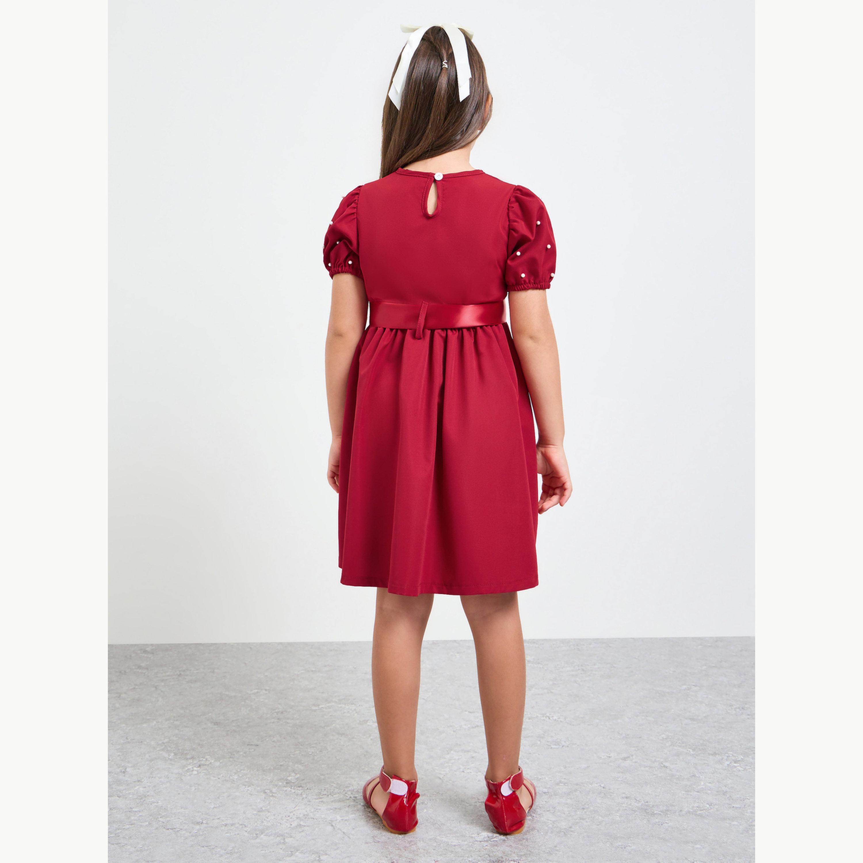 Styli Girls Puff Sleeve Dress with Bow-Tie Waist-girls-clothing-dressesandjumpsuits-image-3
