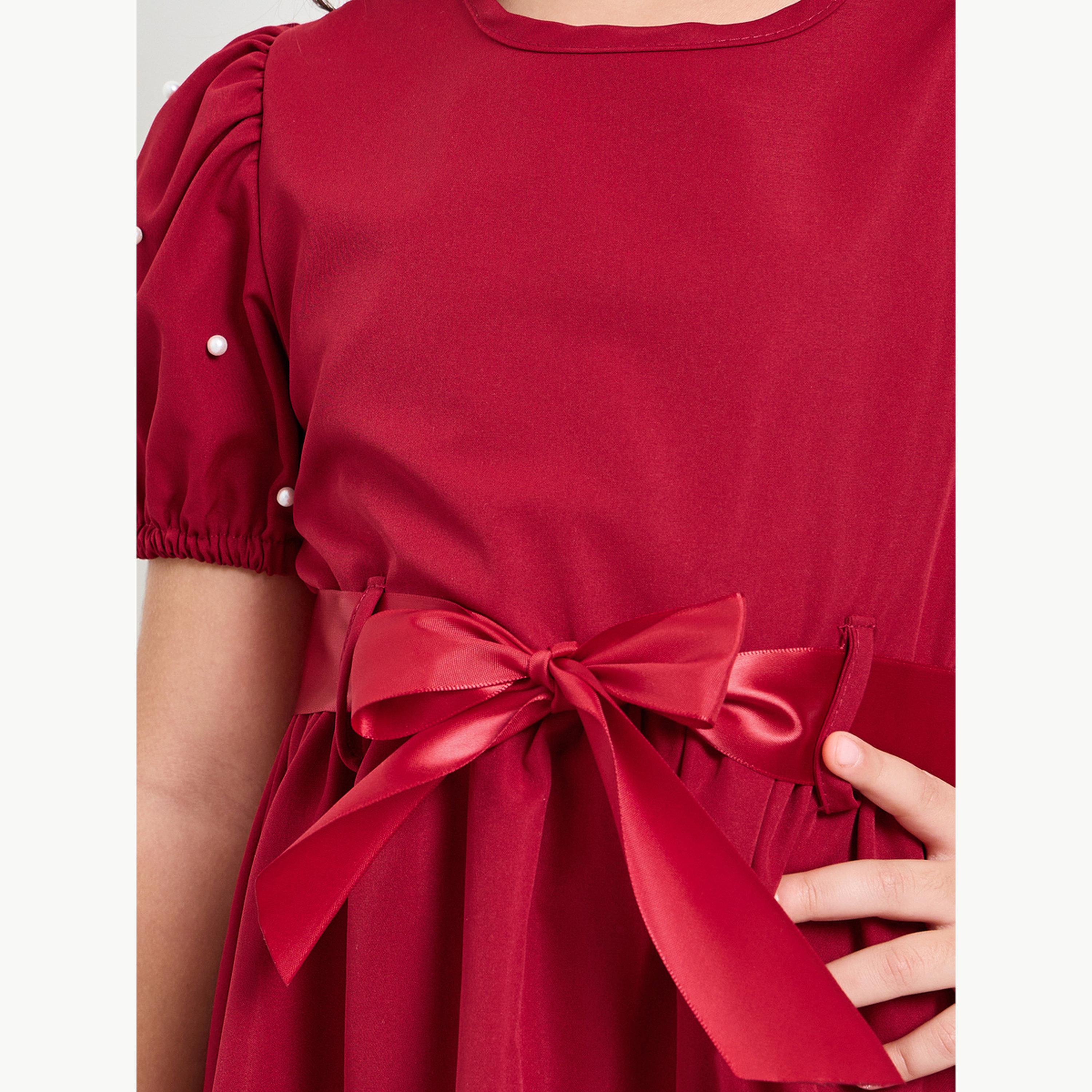 Styli Girls Puff Sleeve Dress with Bow-Tie Waist-girls-clothing-dressesandjumpsuits-image-4