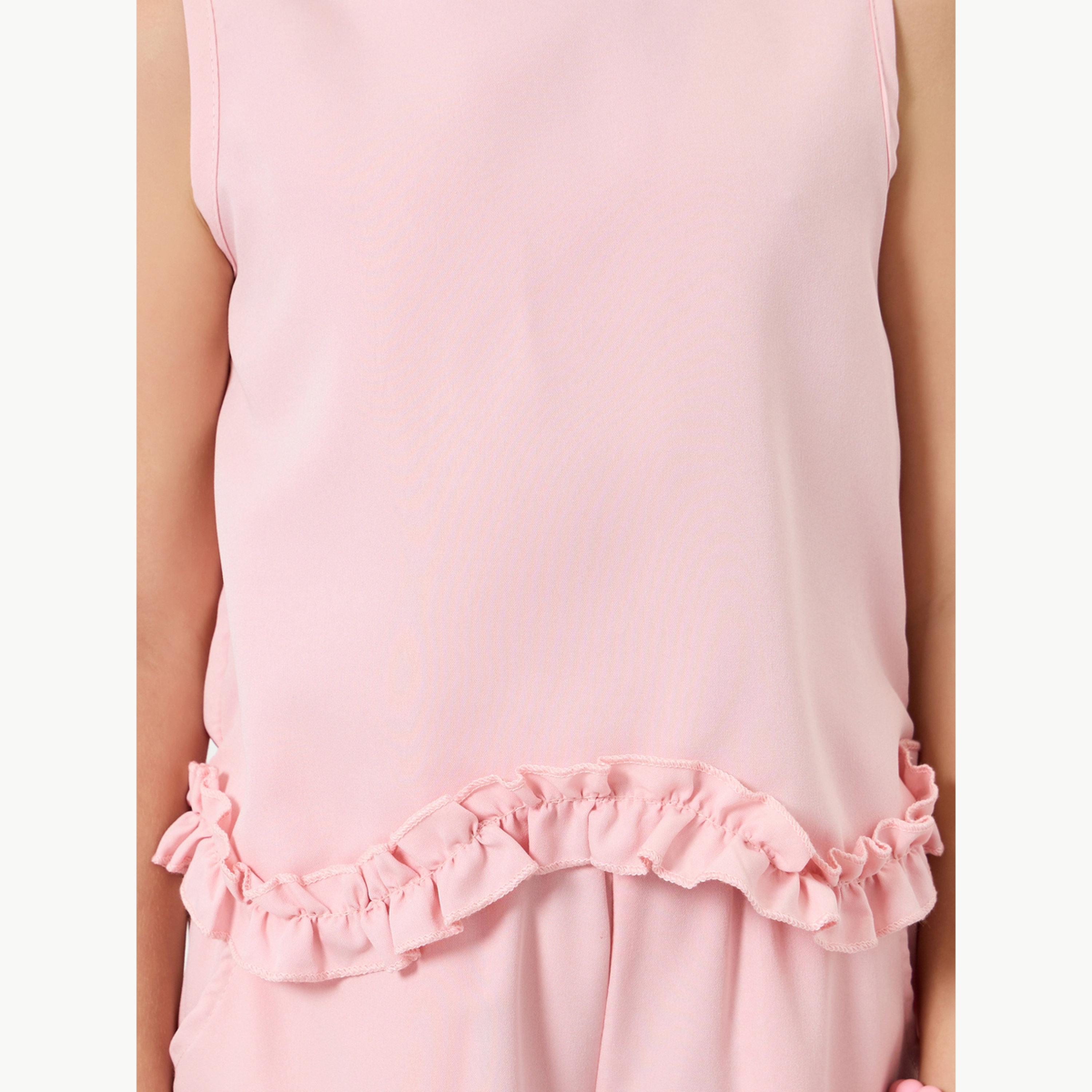 Styli Girls Pink Ruffle Trim Top and Wide-Leg Pants Set-girls-clothing-setsandcoords-image-5