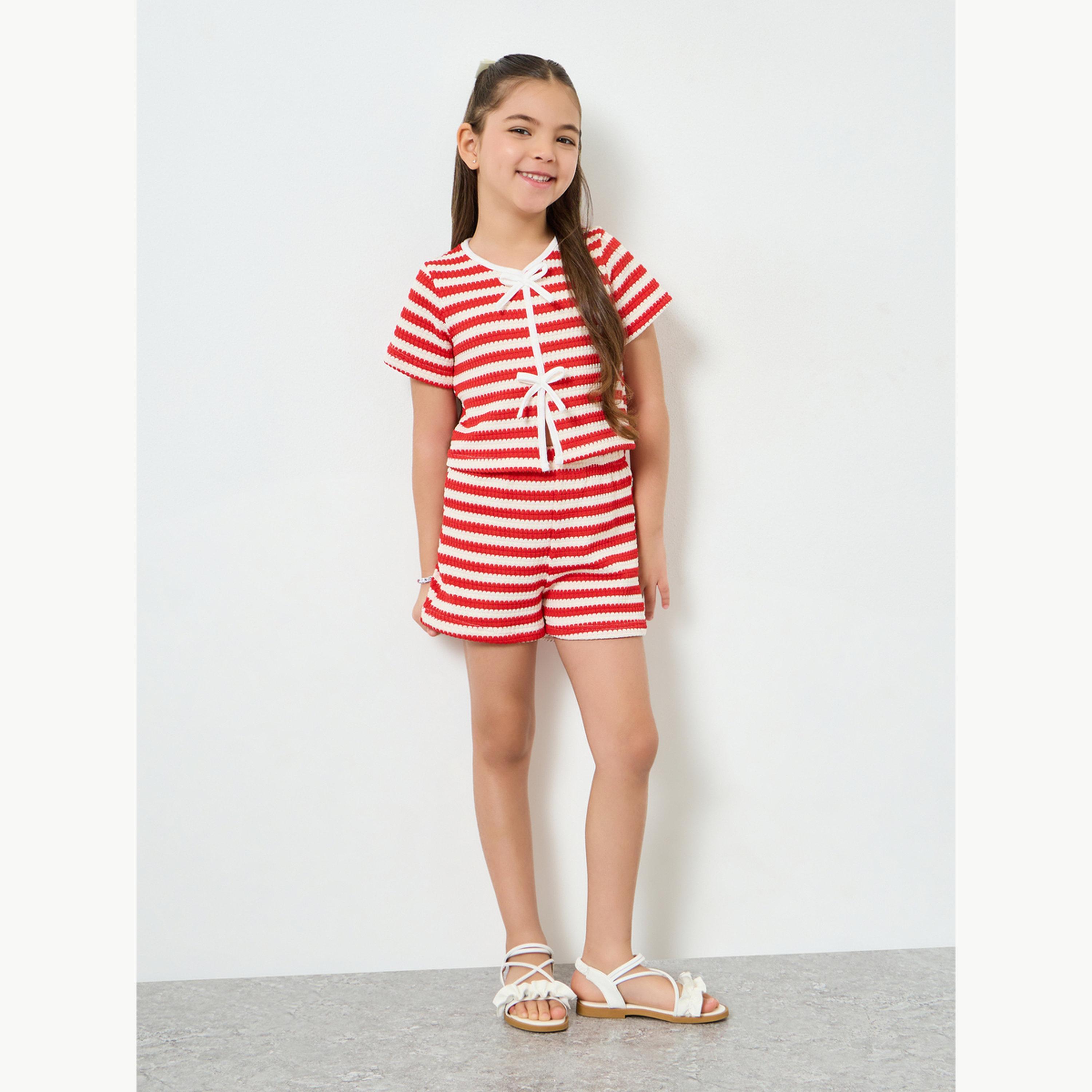 مجموعة من شورت وبلوزة محبوكة ومخططة بناتي-girls-clothing-setsandcoords-image-2