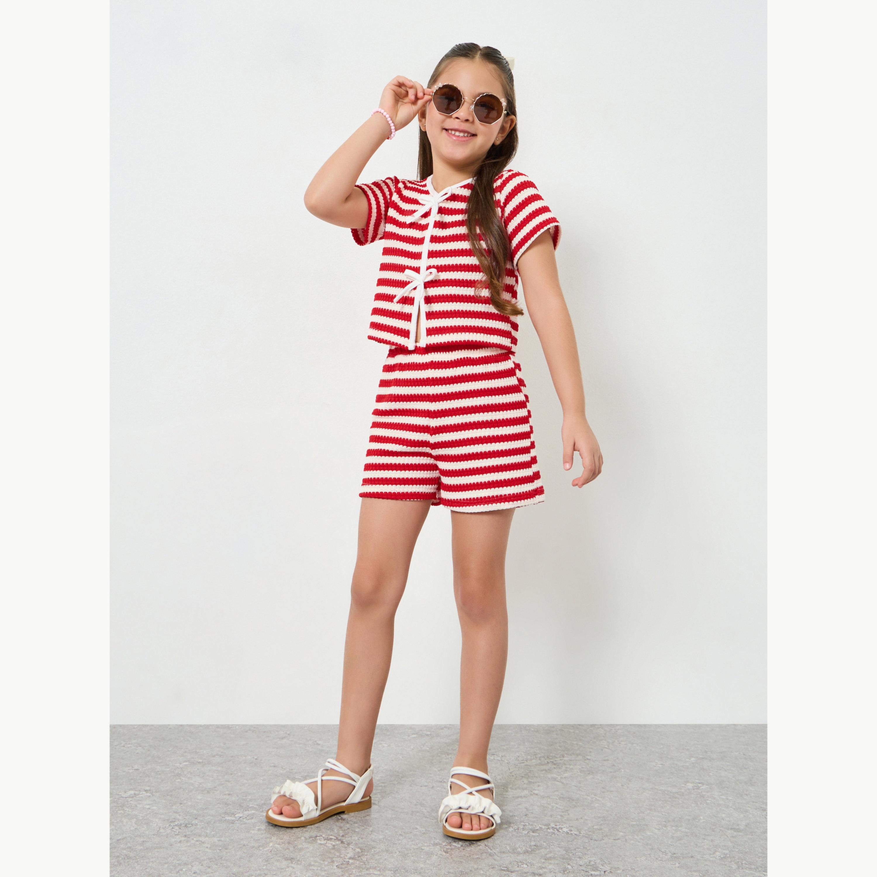 مجموعة من شورت وبلوزة محبوكة ومخططة بناتي-girls-clothing-setsandcoords-image-3