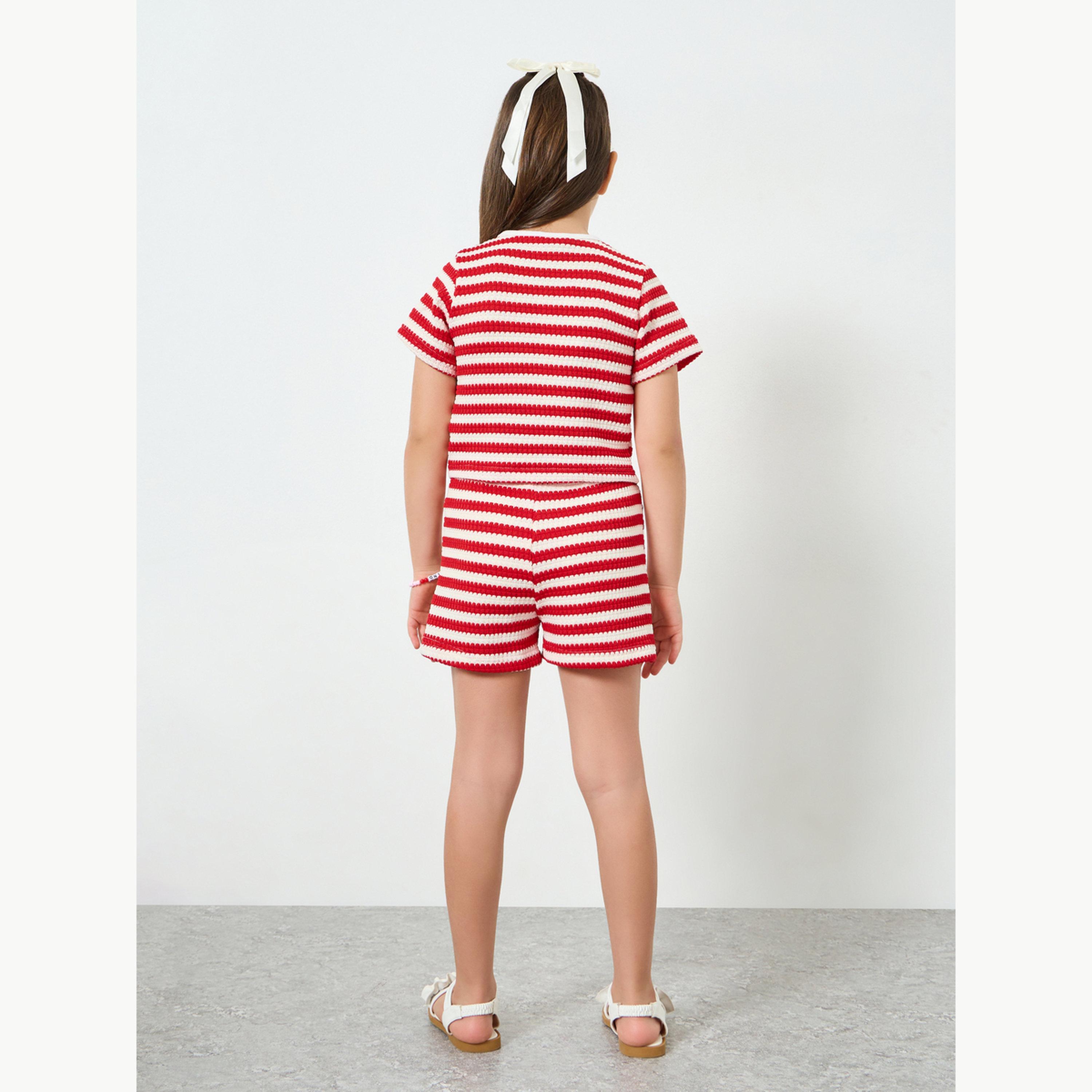 مجموعة من شورت وبلوزة محبوكة ومخططة بناتي-girls-clothing-setsandcoords-image-4
