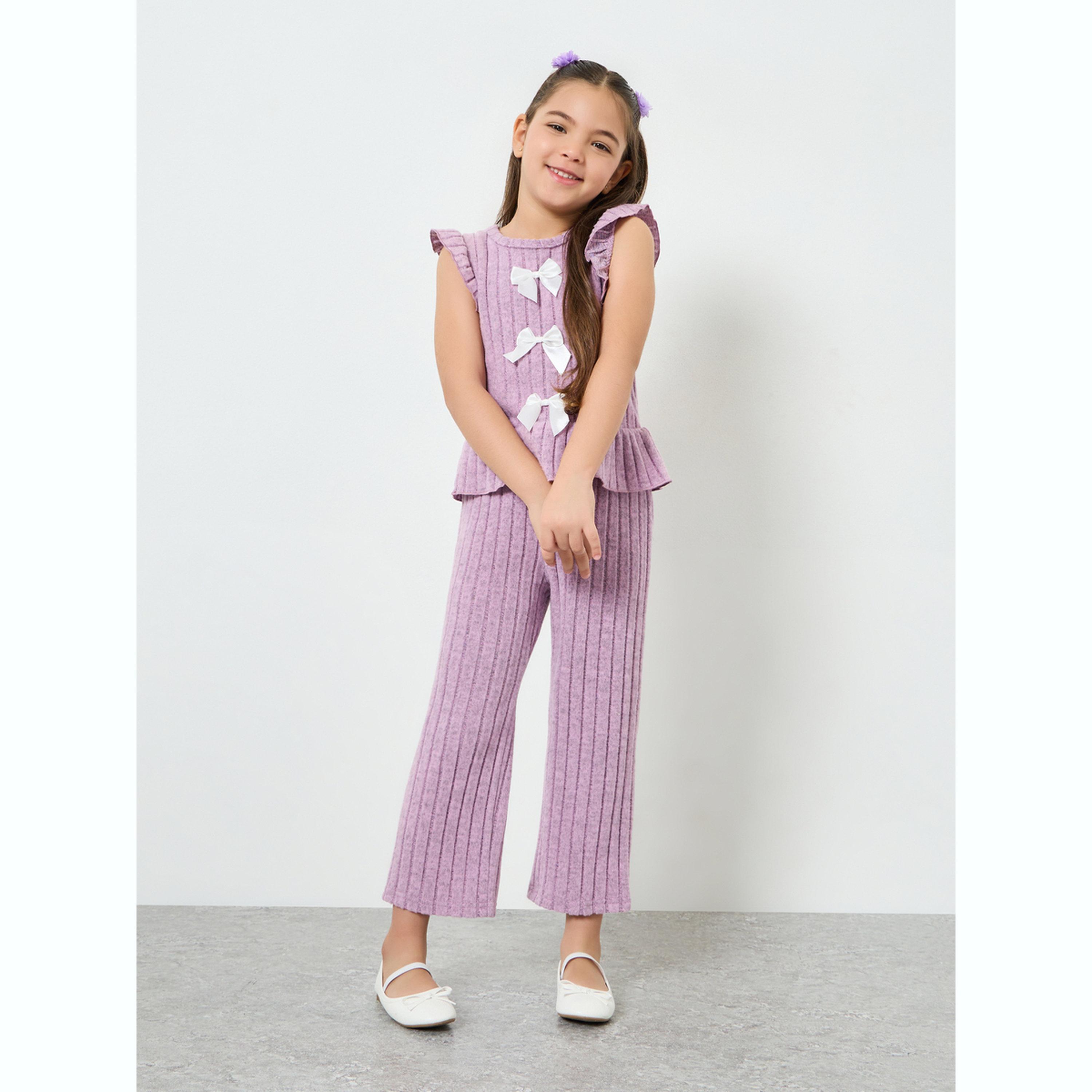 مجموعة من بنطال وبلوزة محبوكة بناتي بفيونكات-girls-clothing-setsandcoords-image-1