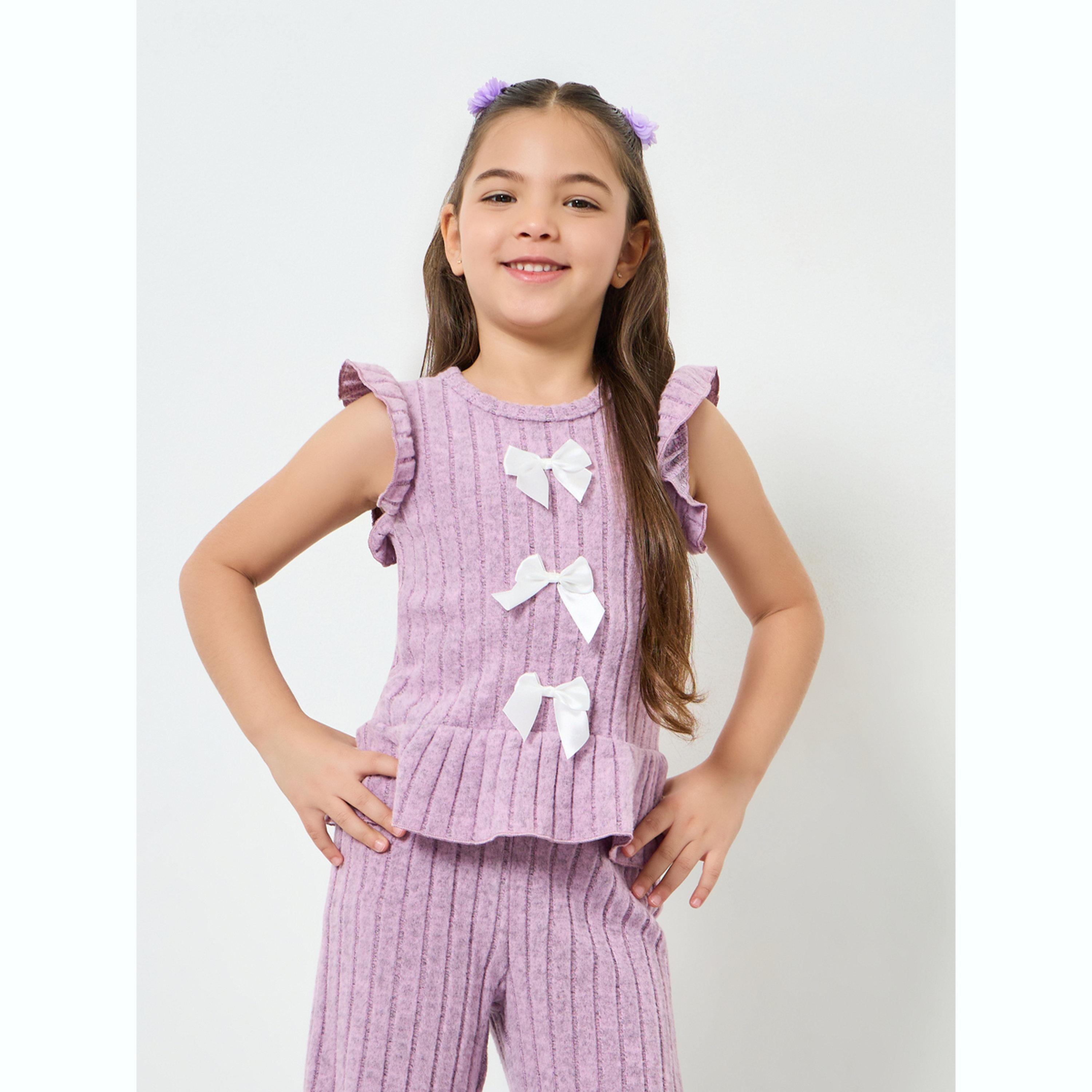 مجموعة من بنطال وبلوزة محبوكة بناتي بفيونكات-girls-clothing-setsandcoords-image-2