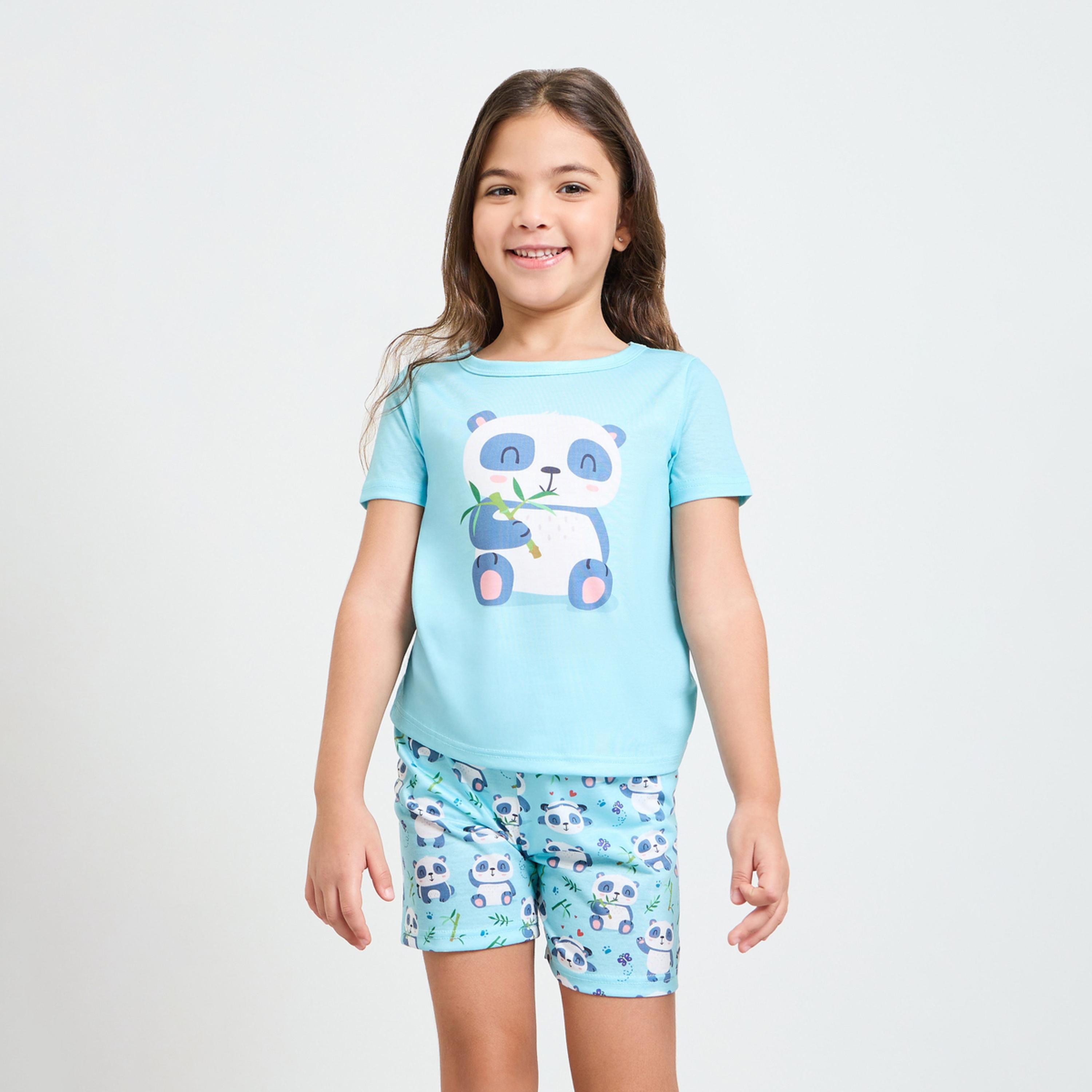 مجموعة من شورت وتيشيرت بطبعة باندا للبنات-girls-clothing-nightwear-image-1
