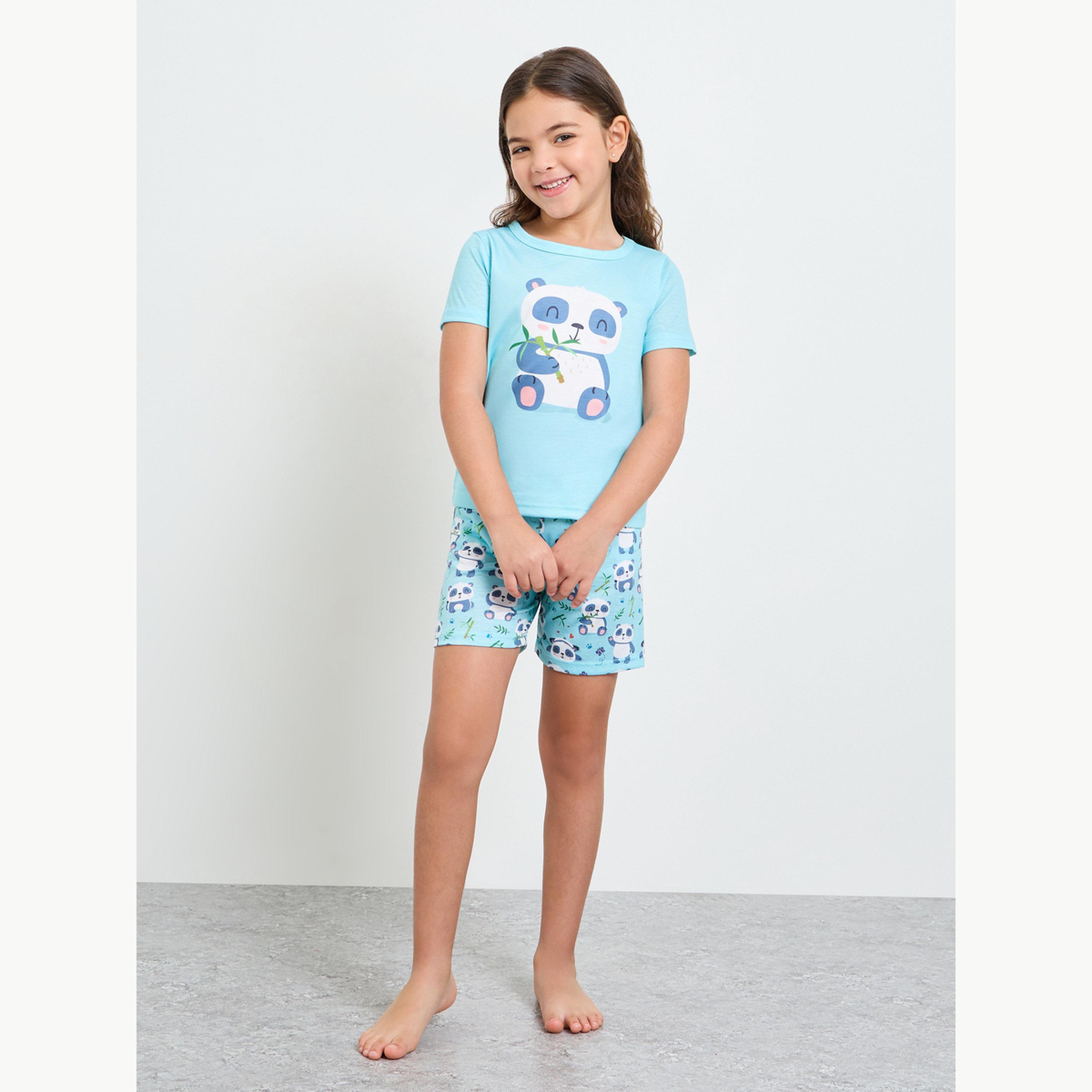 Styli Girls Panda Print T-Shirt and Shorts Set-girls-clothing-nightwear-image-2