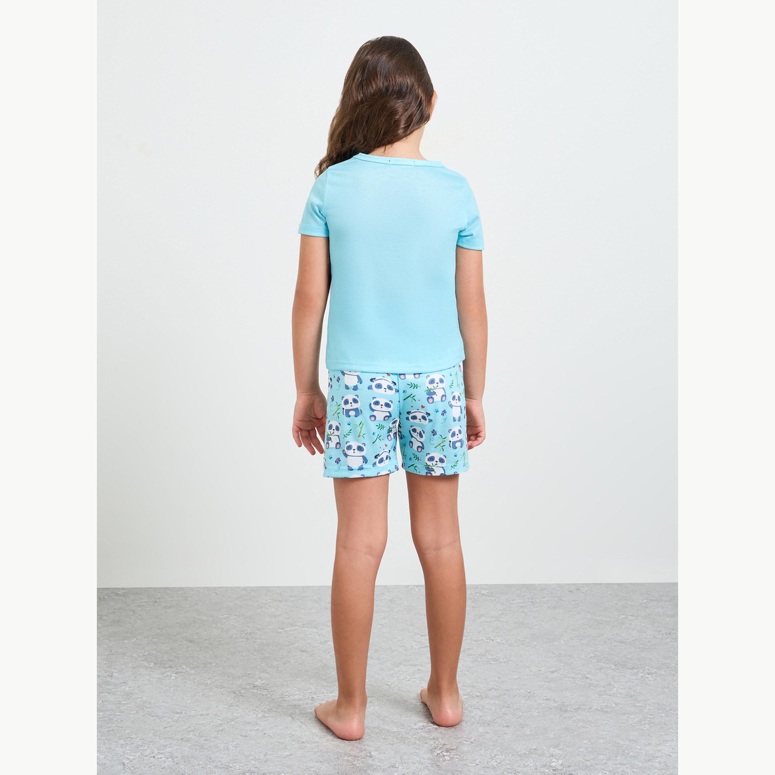 مجموعة من شورت وتيشيرت بطبعة باندا للبنات-girls-clothing-nightwear-image-3