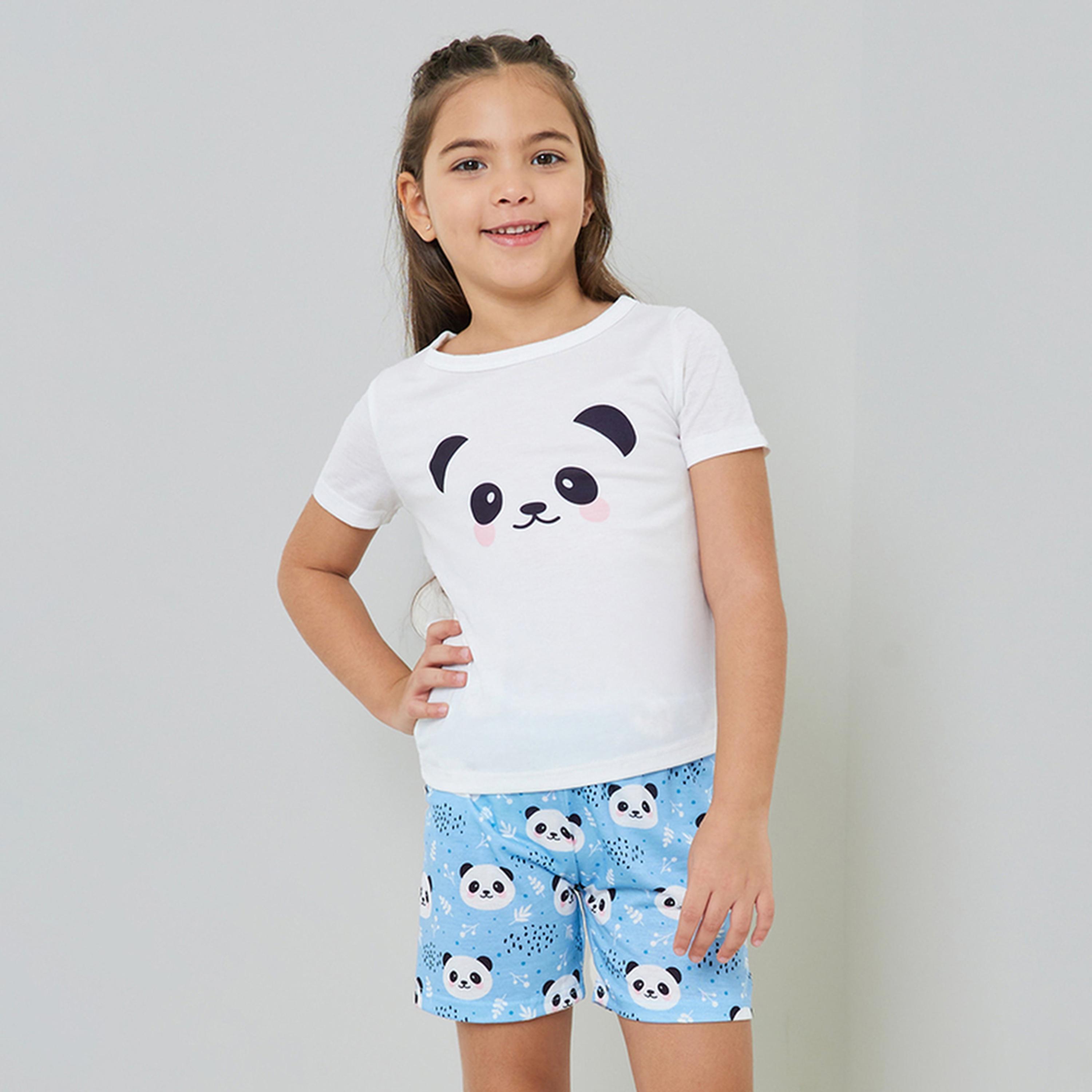 مجموعة من شورت وتيشيرت بطبعة باندا للبنات-girls-clothing-nightwear-image-1