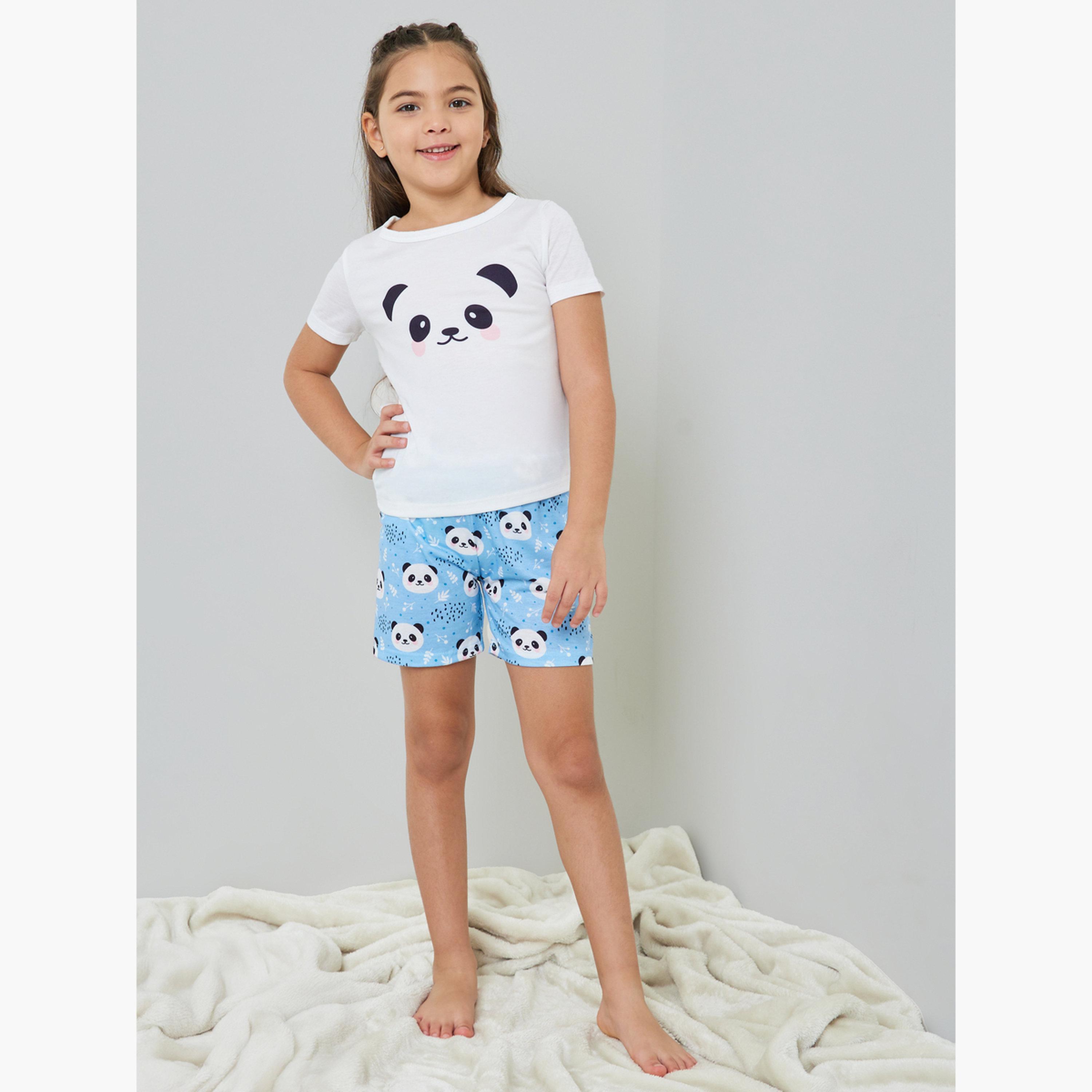مجموعة من شورت وتيشيرت بطبعة باندا للبنات-girls-clothing-nightwear-image-2