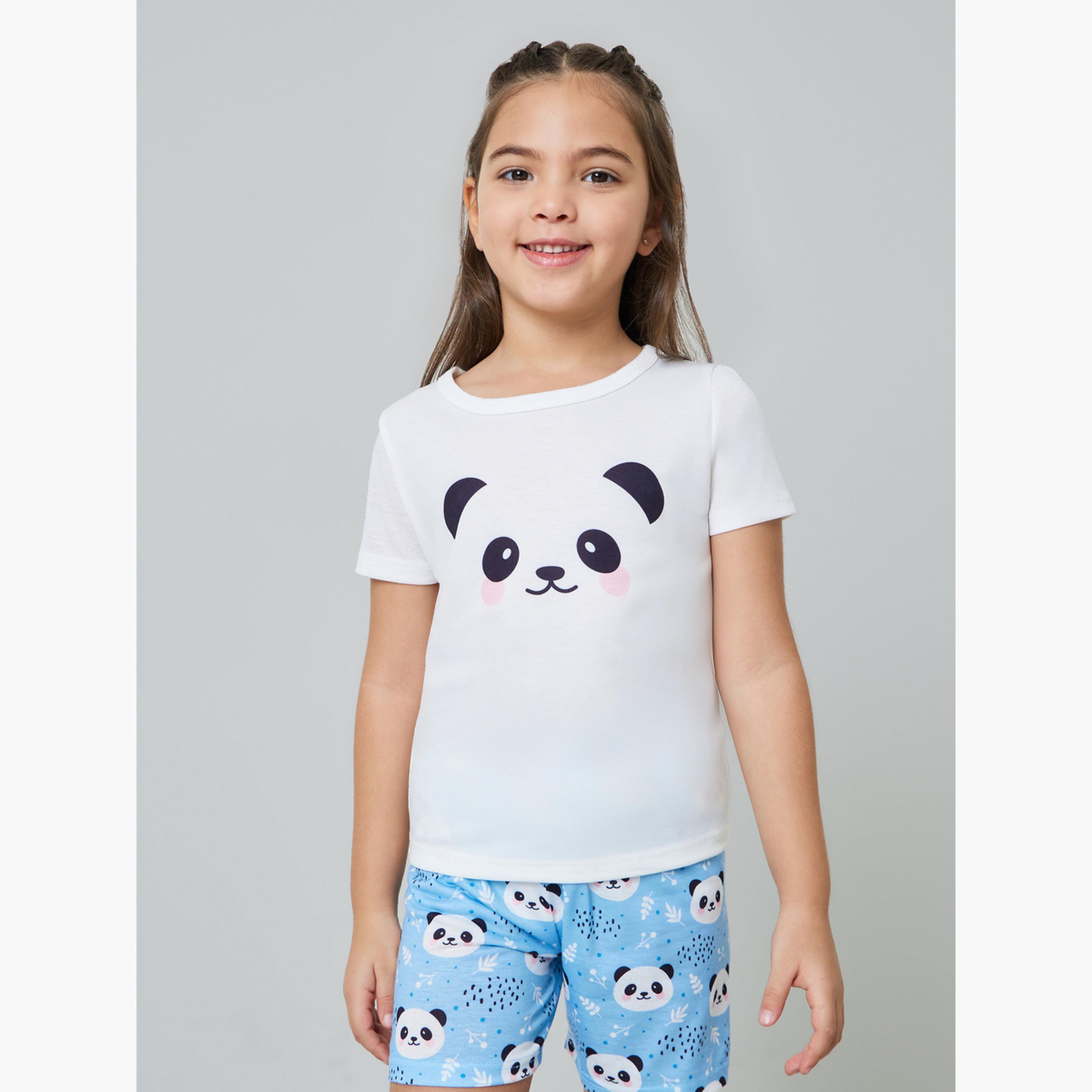 مجموعة من شورت وتيشيرت بطبعة باندا للبنات-girls-clothing-nightwear-image-3