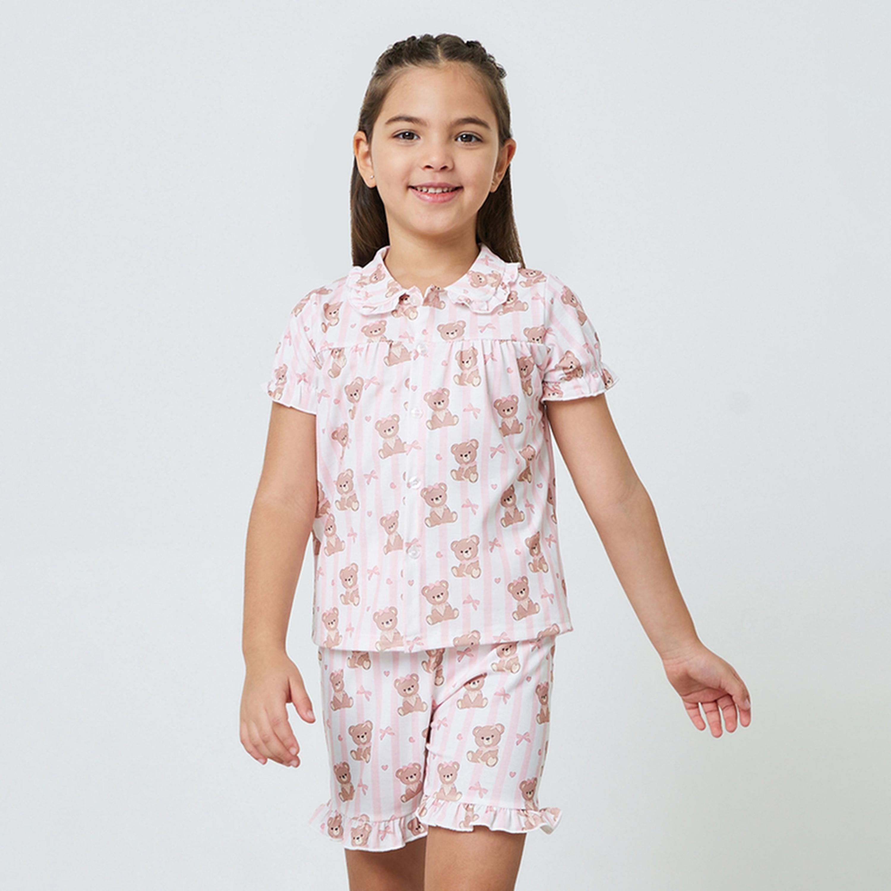 مجموعة من شورت وبلوزة بأزرار أمامية مطبوعة للبنات-girls-clothing-nightwear-image-1