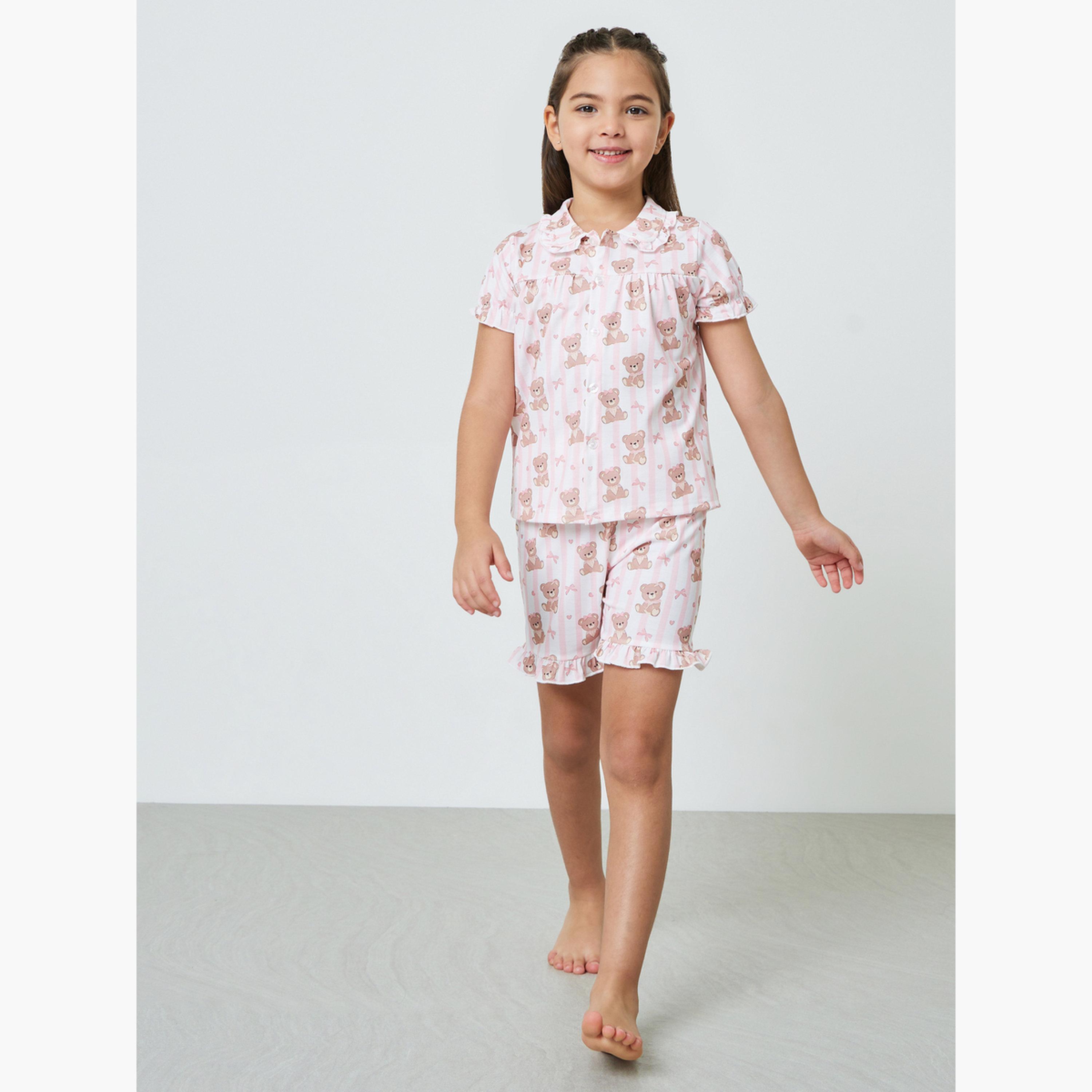 مجموعة من شورت وبلوزة بأزرار أمامية مطبوعة للبنات-girls-clothing-nightwear-image-2