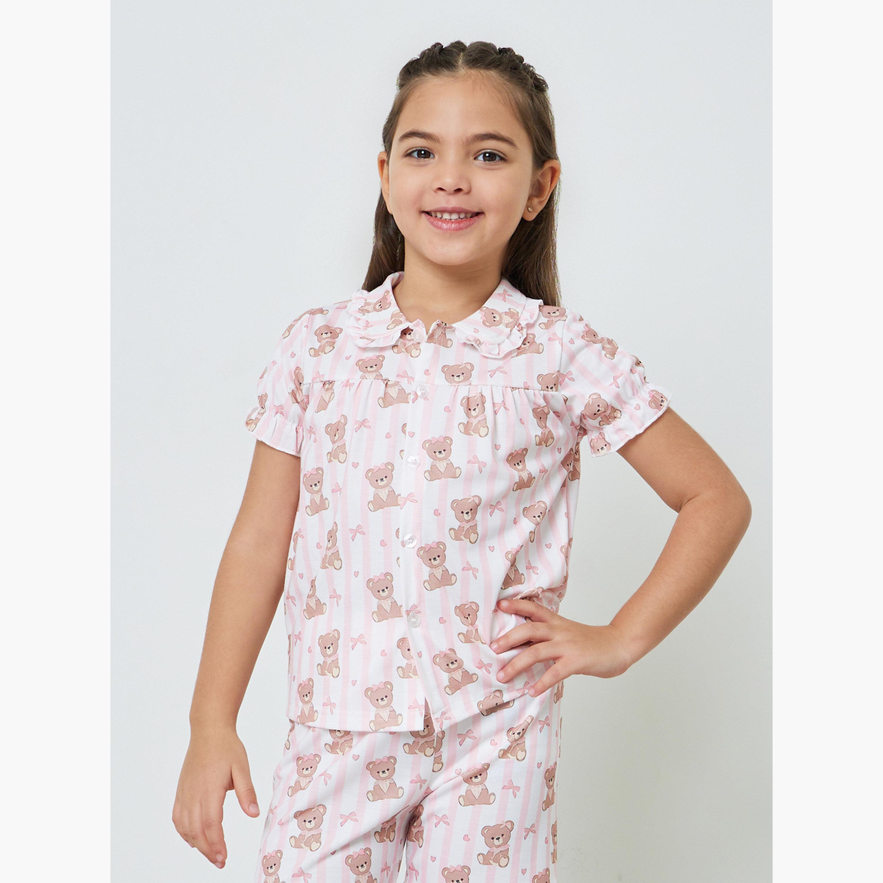 مجموعة من شورت وبلوزة بأزرار أمامية مطبوعة للبنات-girls-clothing-nightwear-image-3