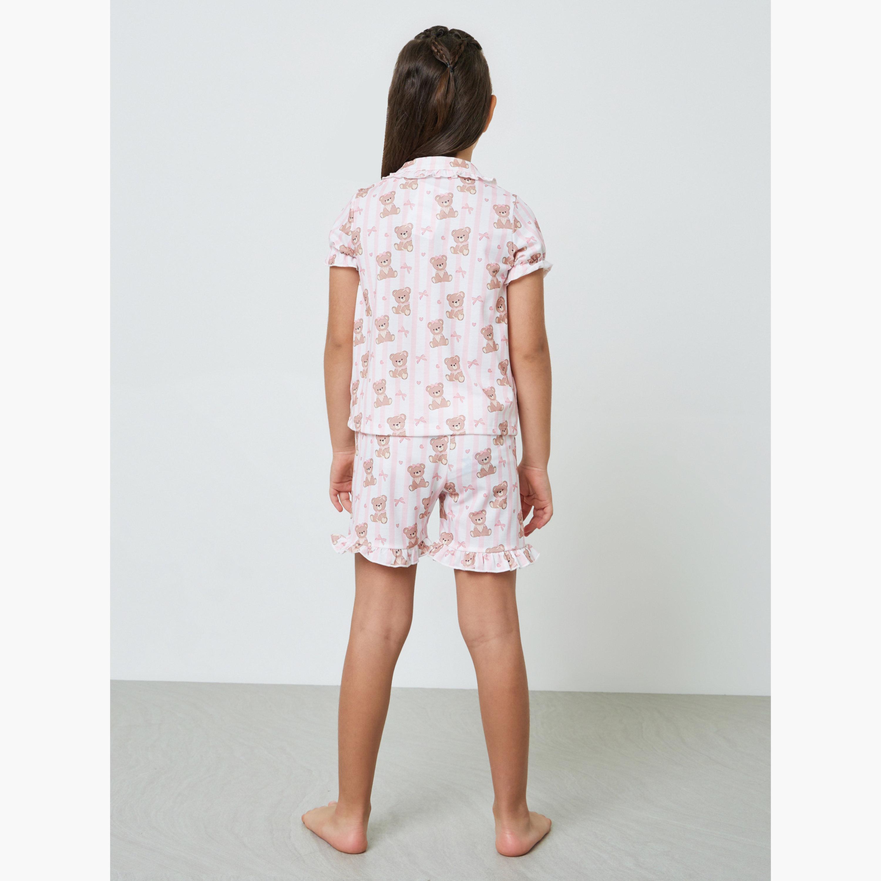 مجموعة من شورت وبلوزة بأزرار أمامية مطبوعة للبنات-girls-clothing-nightwear-image-4