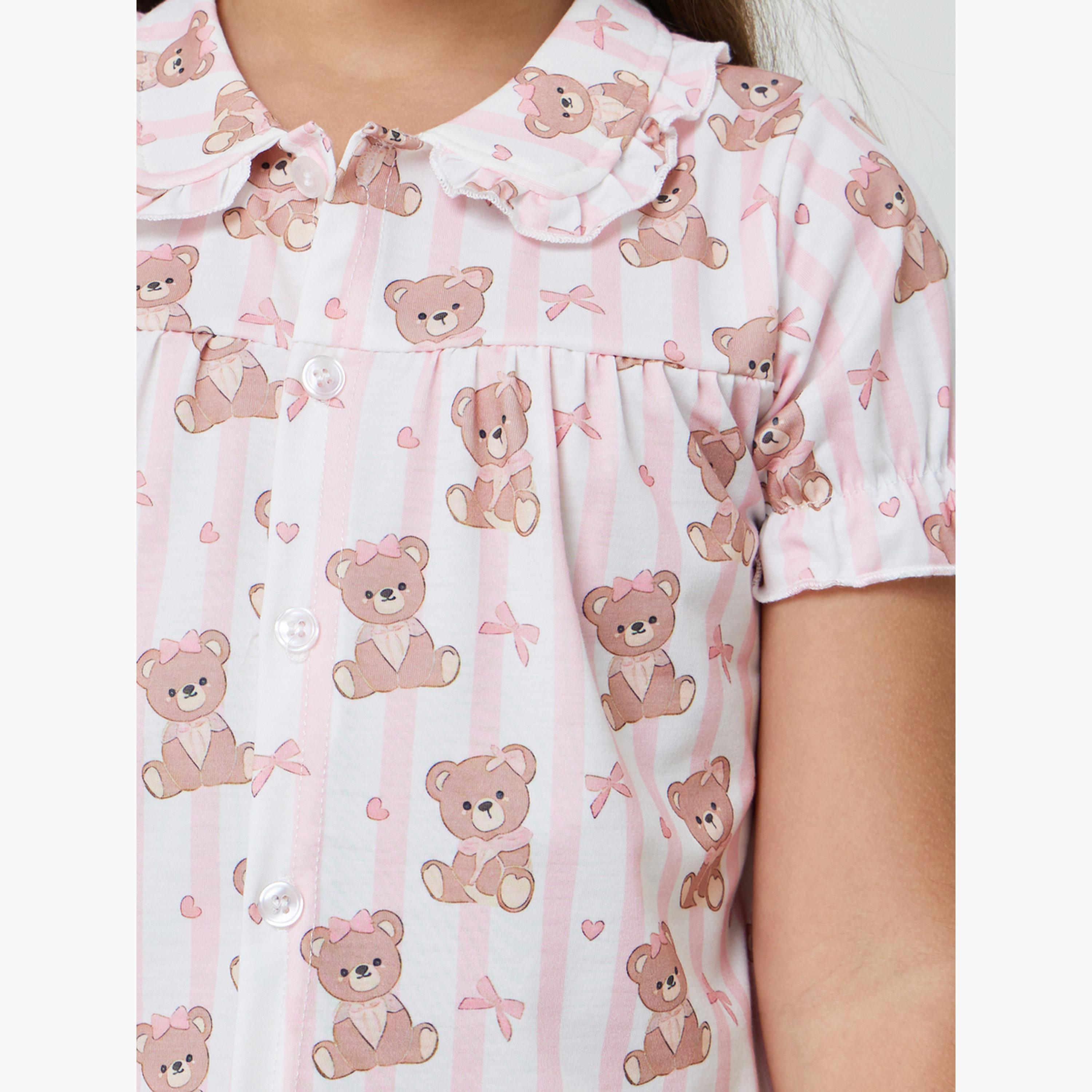 مجموعة من شورت وبلوزة بأزرار أمامية مطبوعة للبنات-girls-clothing-nightwear-image-6