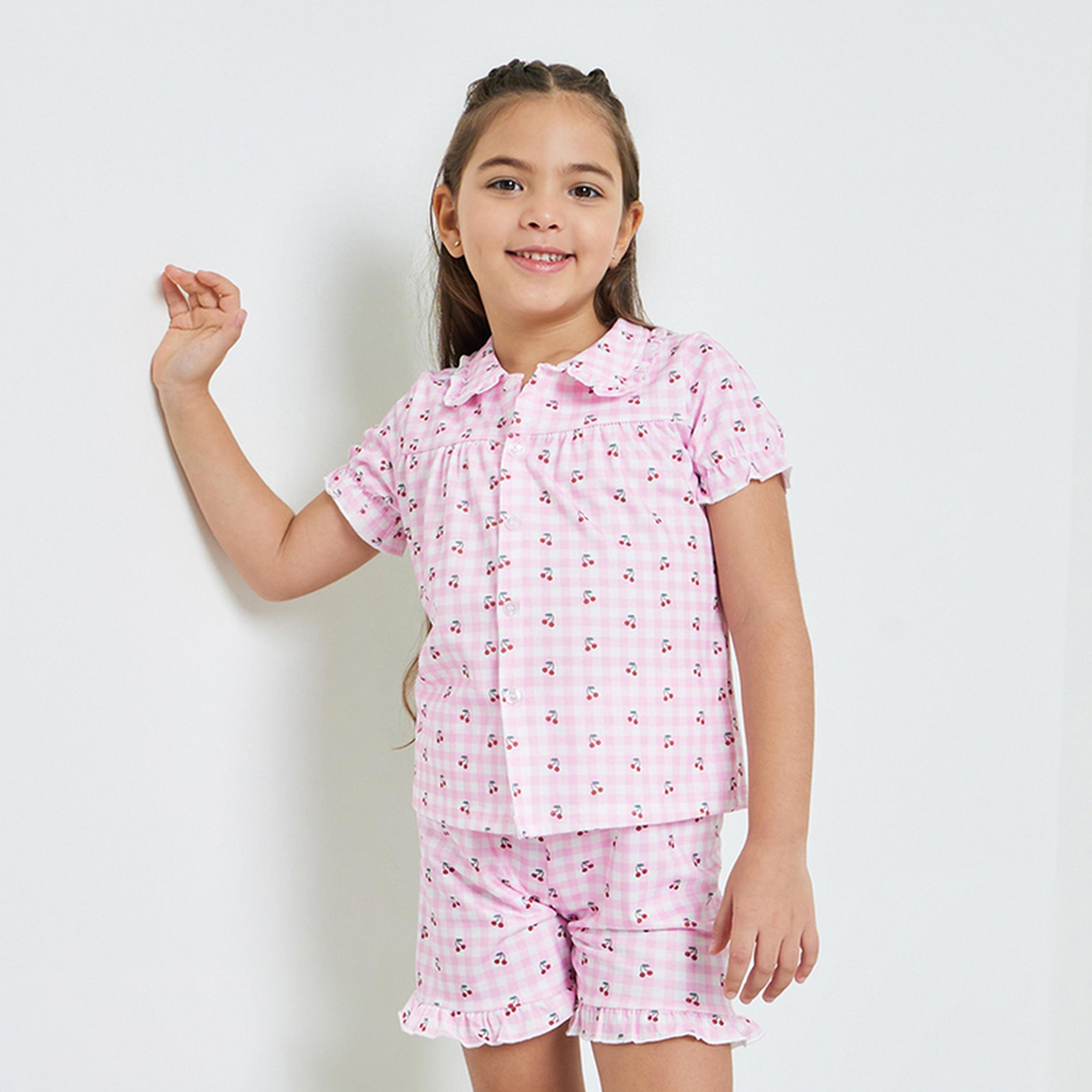 مجموعة من شورت وبلوزة بأزرار أمامية وطبعة كرز للبنات-girls-clothing-nightwear-image-1