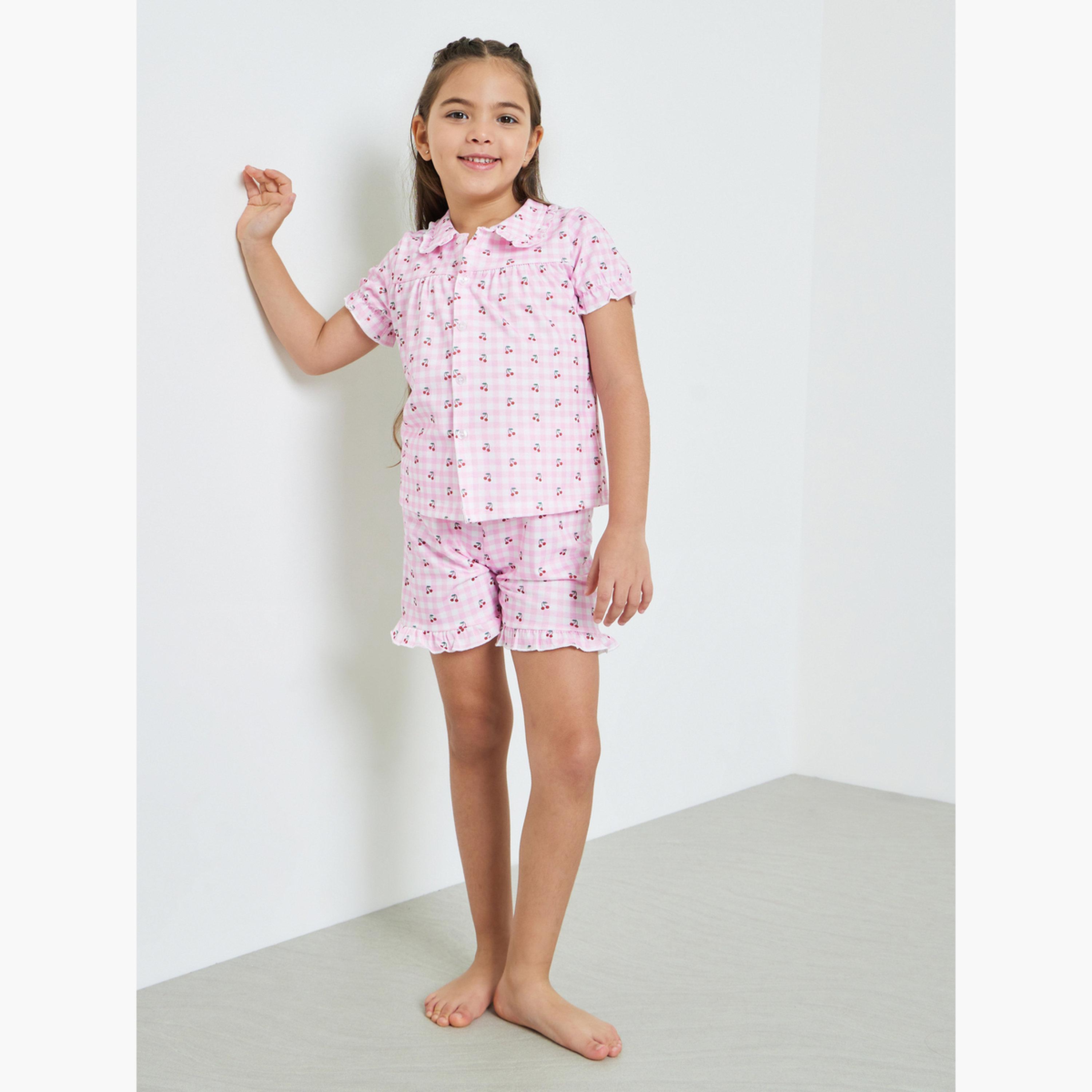 مجموعة من شورت وبلوزة بأزرار أمامية وطبعة كرز للبنات-girls-clothing-nightwear-image-2