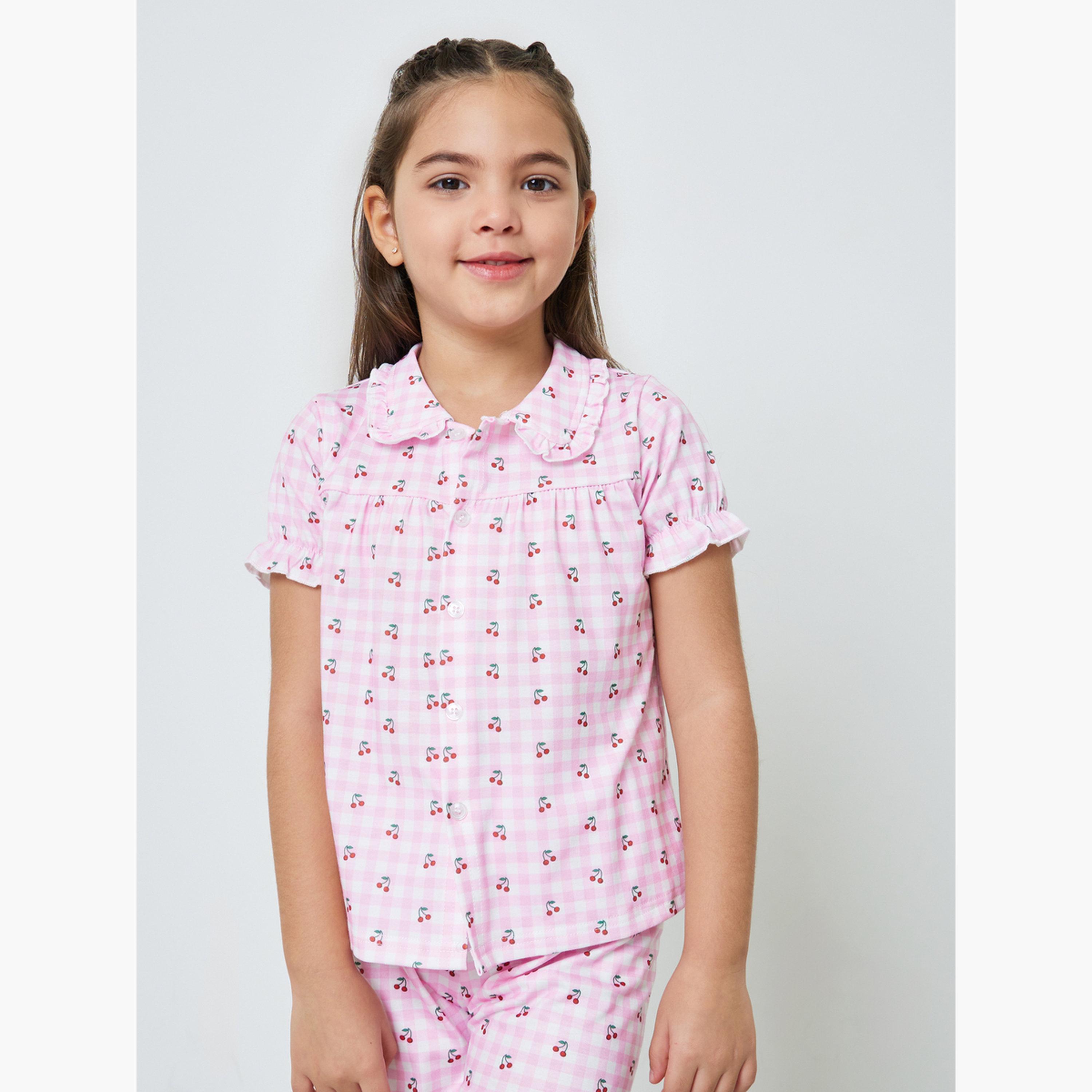 مجموعة من شورت وبلوزة بأزرار أمامية وطبعة كرز للبنات-girls-clothing-nightwear-image-3