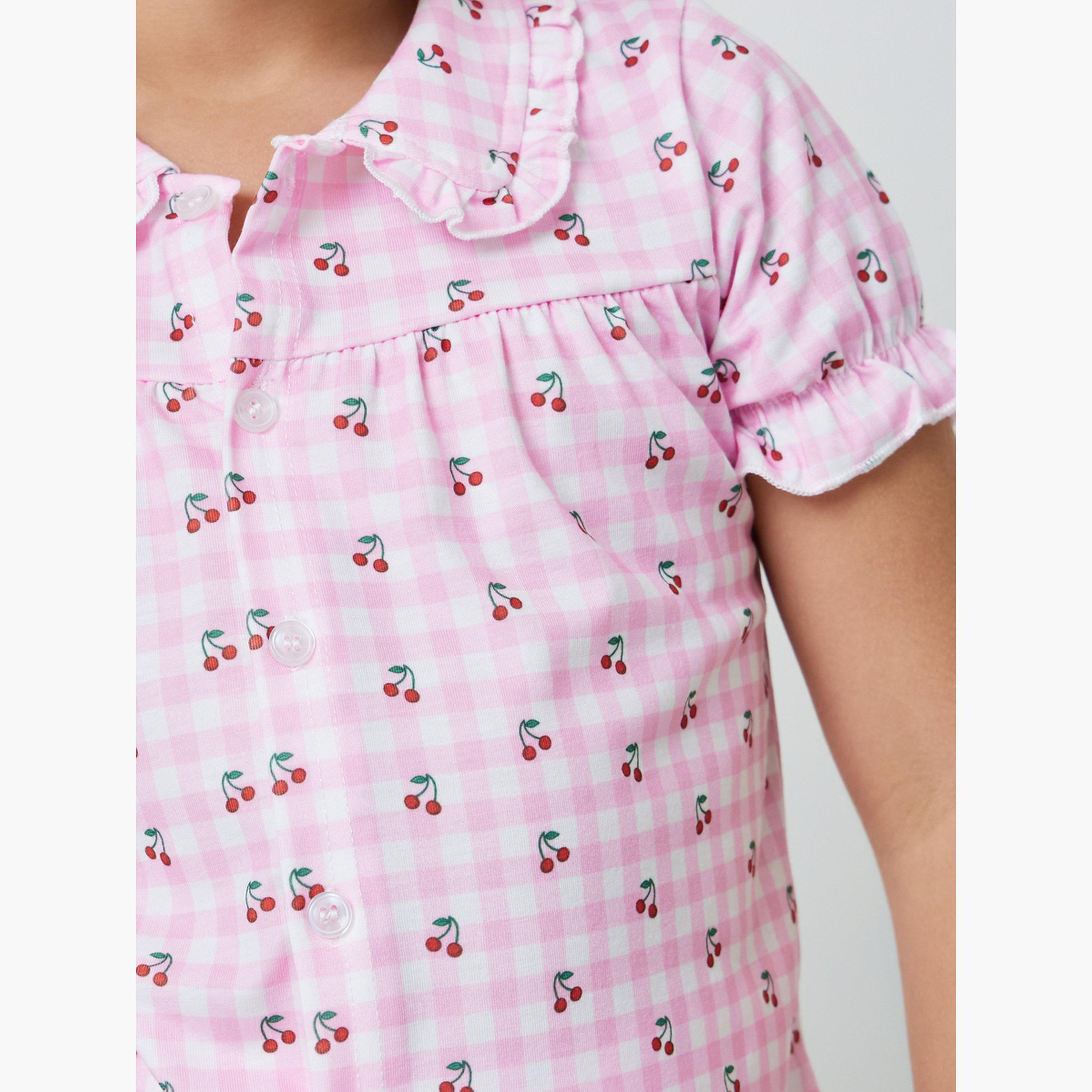 مجموعة من شورت وبلوزة بأزرار أمامية وطبعة كرز للبنات-girls-clothing-nightwear-image-6