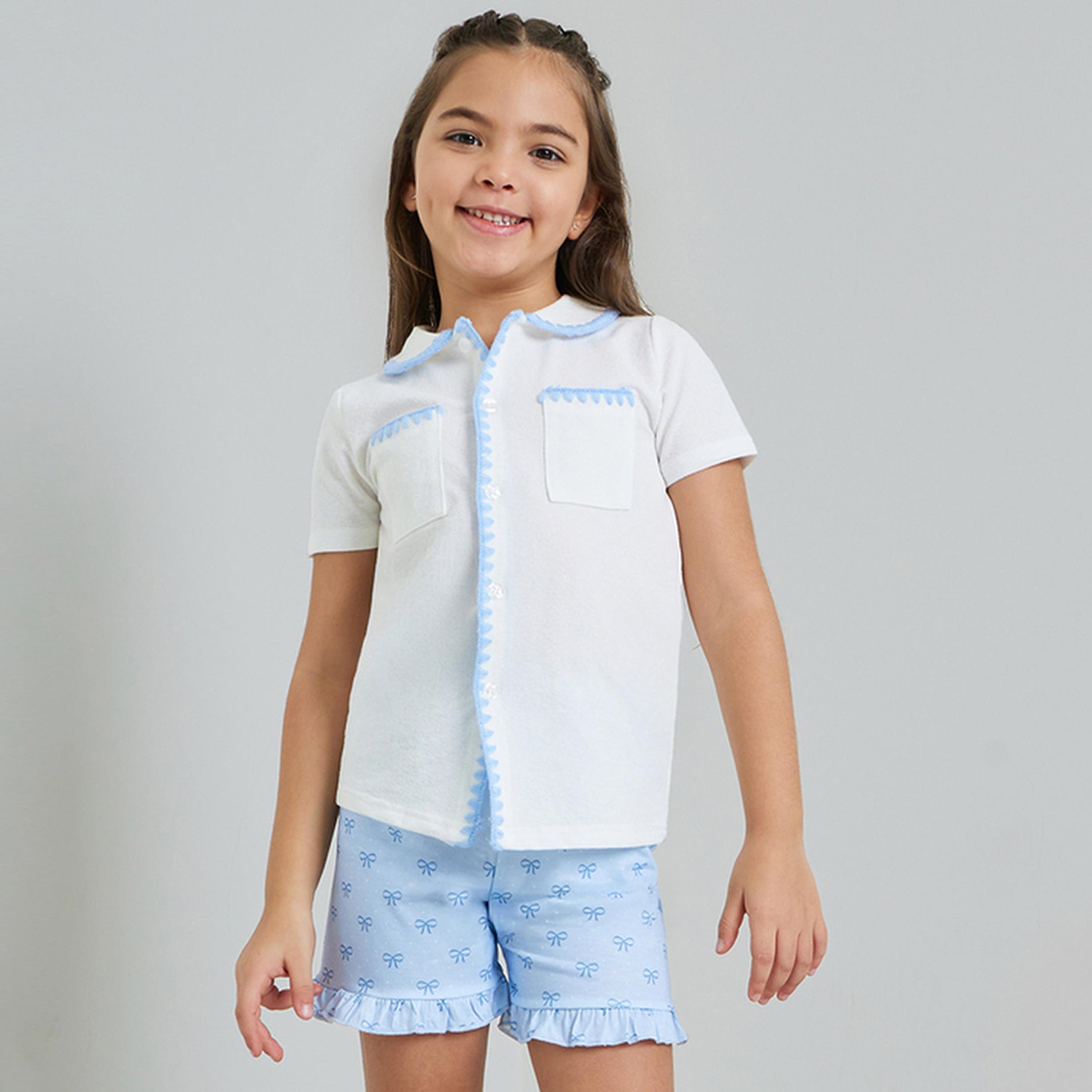 مجموعة من شورت مطبوع وبلوزة بأزرار أمامية مطرزة للبنات-girls-clothing-nightwear-image-1