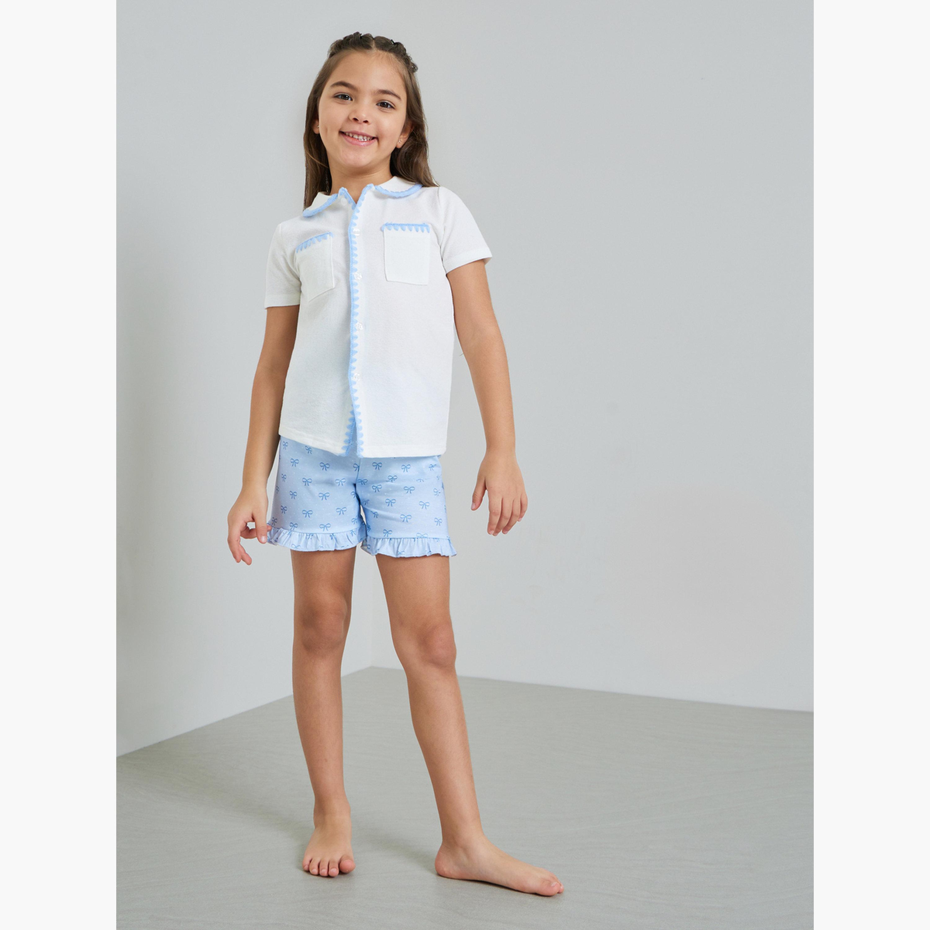 مجموعة من شورت مطبوع وبلوزة بأزرار أمامية مطرزة للبنات-girls-clothing-nightwear-image-2