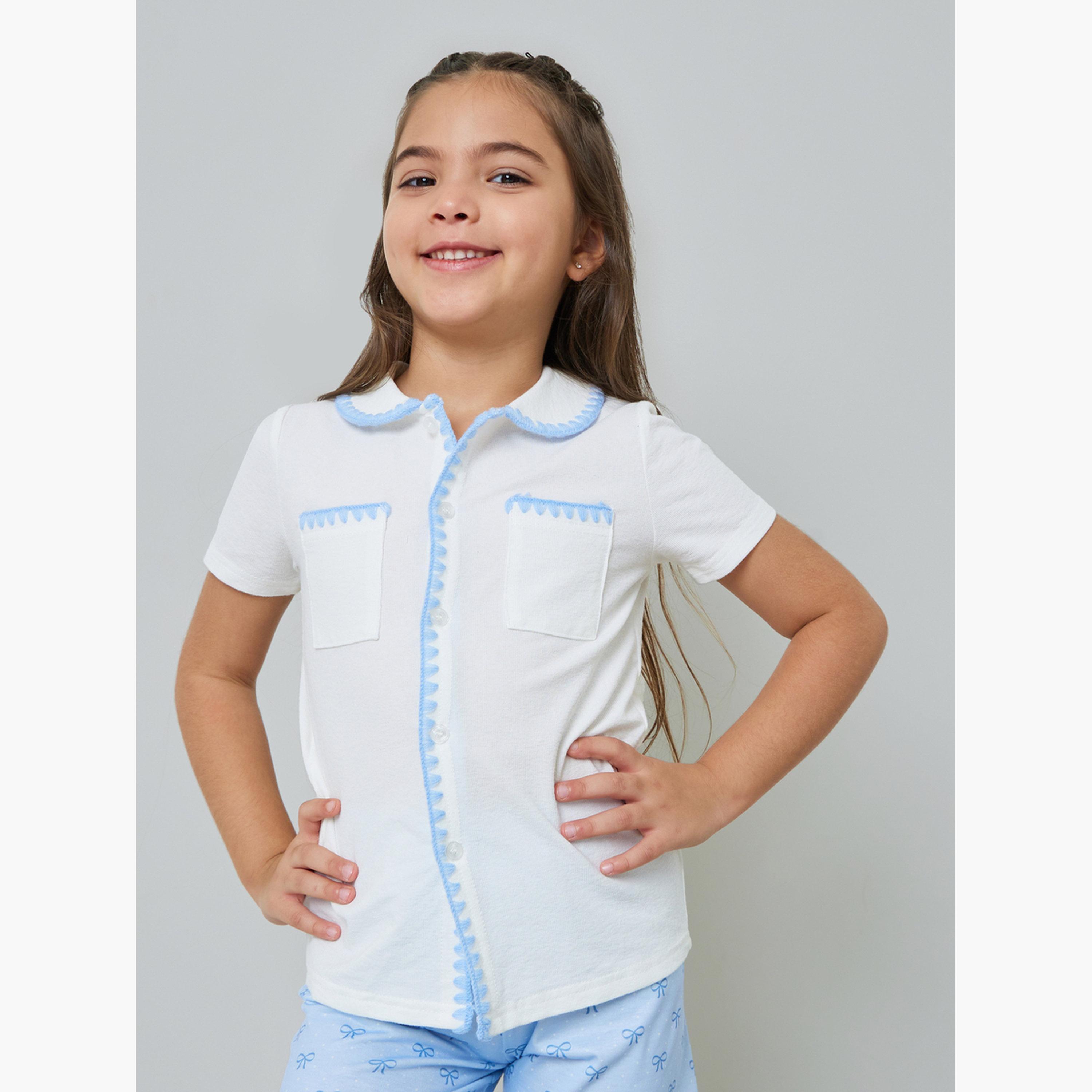 مجموعة من شورت مطبوع وبلوزة بأزرار أمامية مطرزة للبنات-girls-clothing-nightwear-image-3