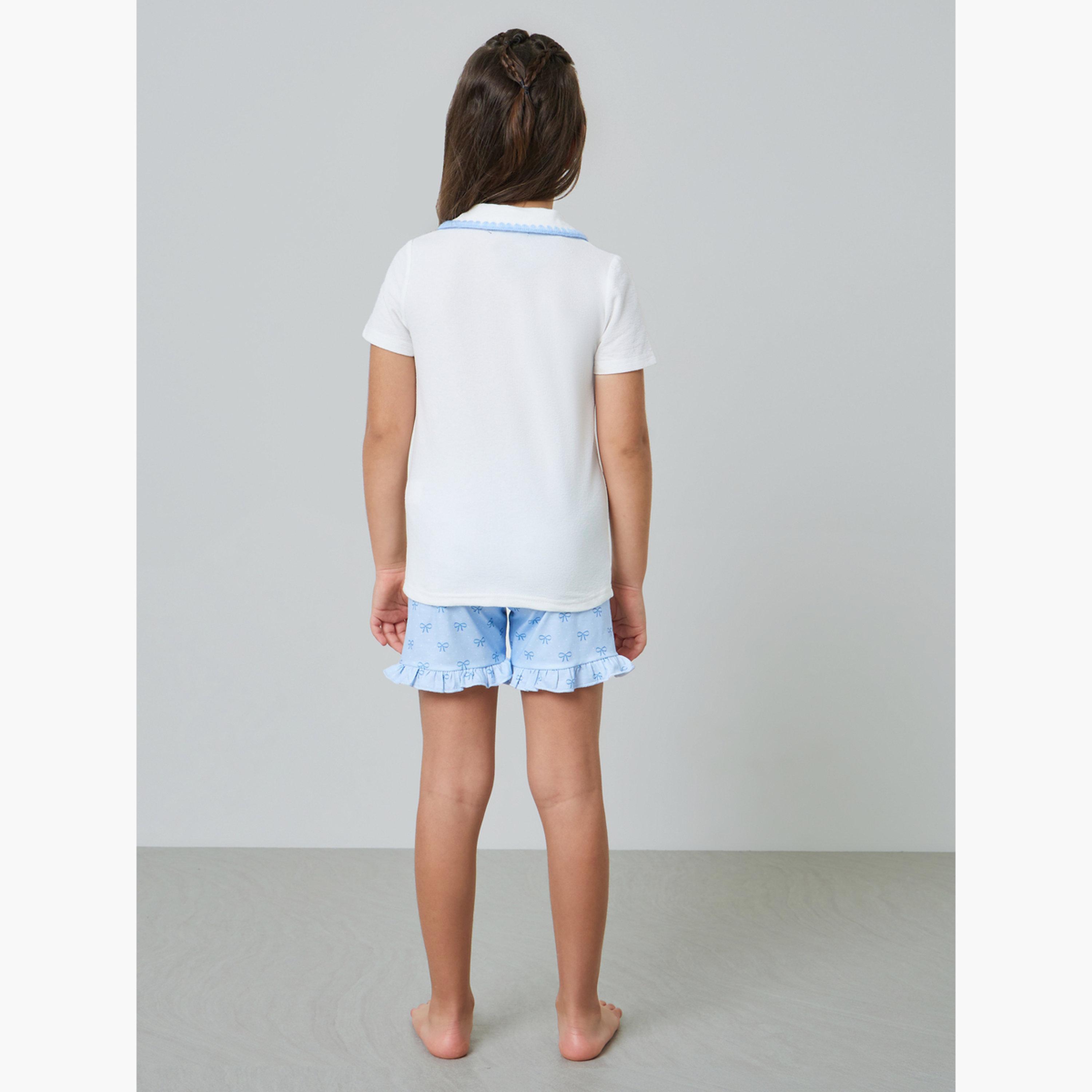 مجموعة من شورت مطبوع وبلوزة بأزرار أمامية مطرزة للبنات-girls-clothing-nightwear-image-4