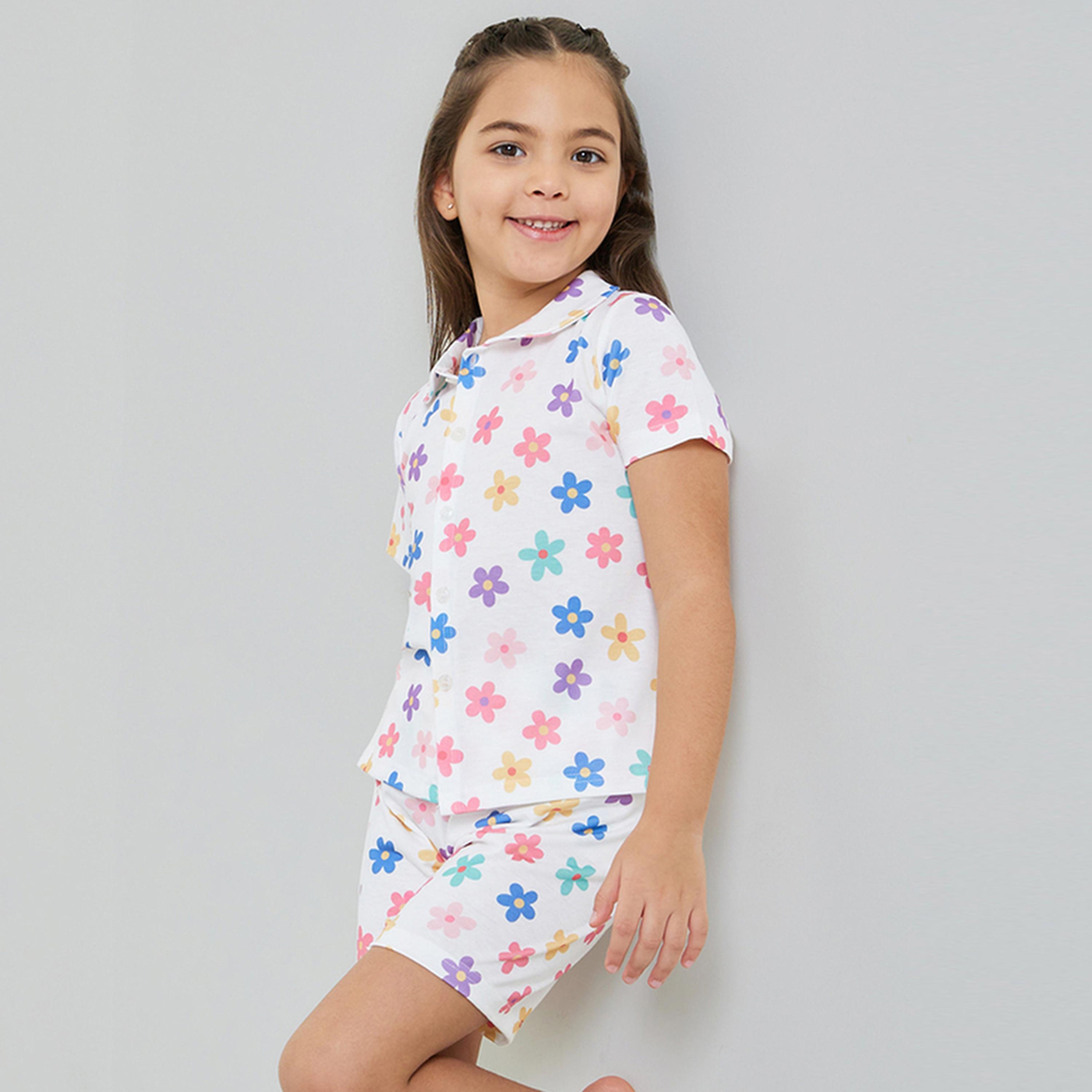 مجموعة من شورت وبلوزة بأزرار أمامية ونقشة زهور للبنات-girls-clothing-nightwear-image-1