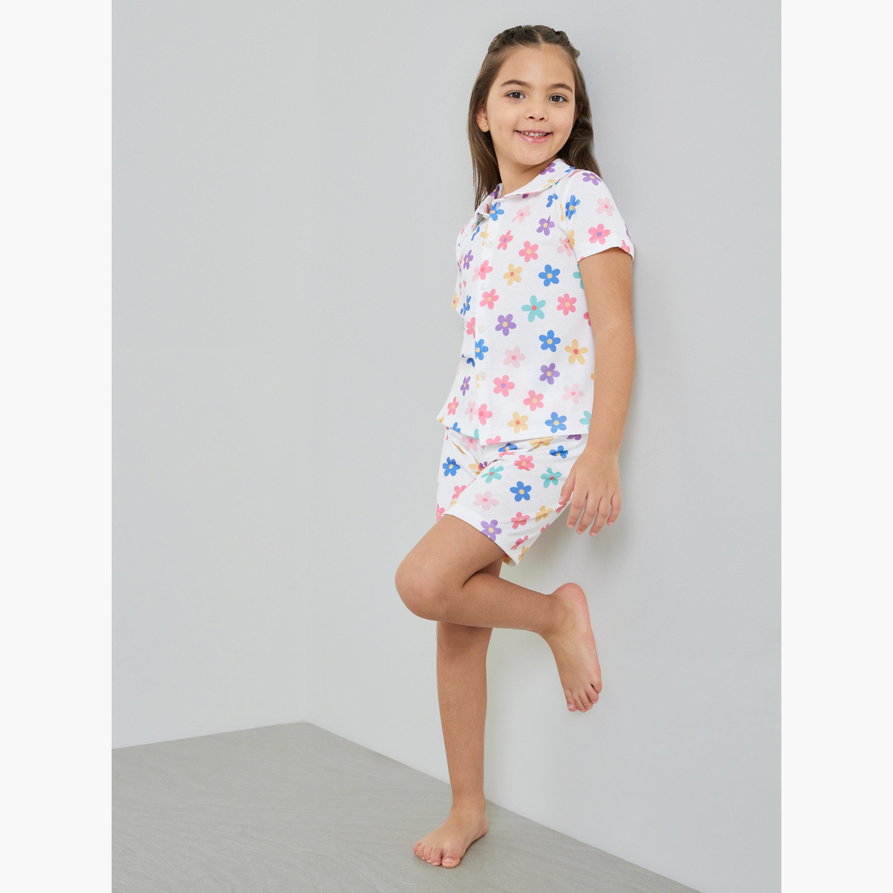 مجموعة من شورت وبلوزة بأزرار أمامية ونقشة زهور للبنات-girls-clothing-nightwear-image-2