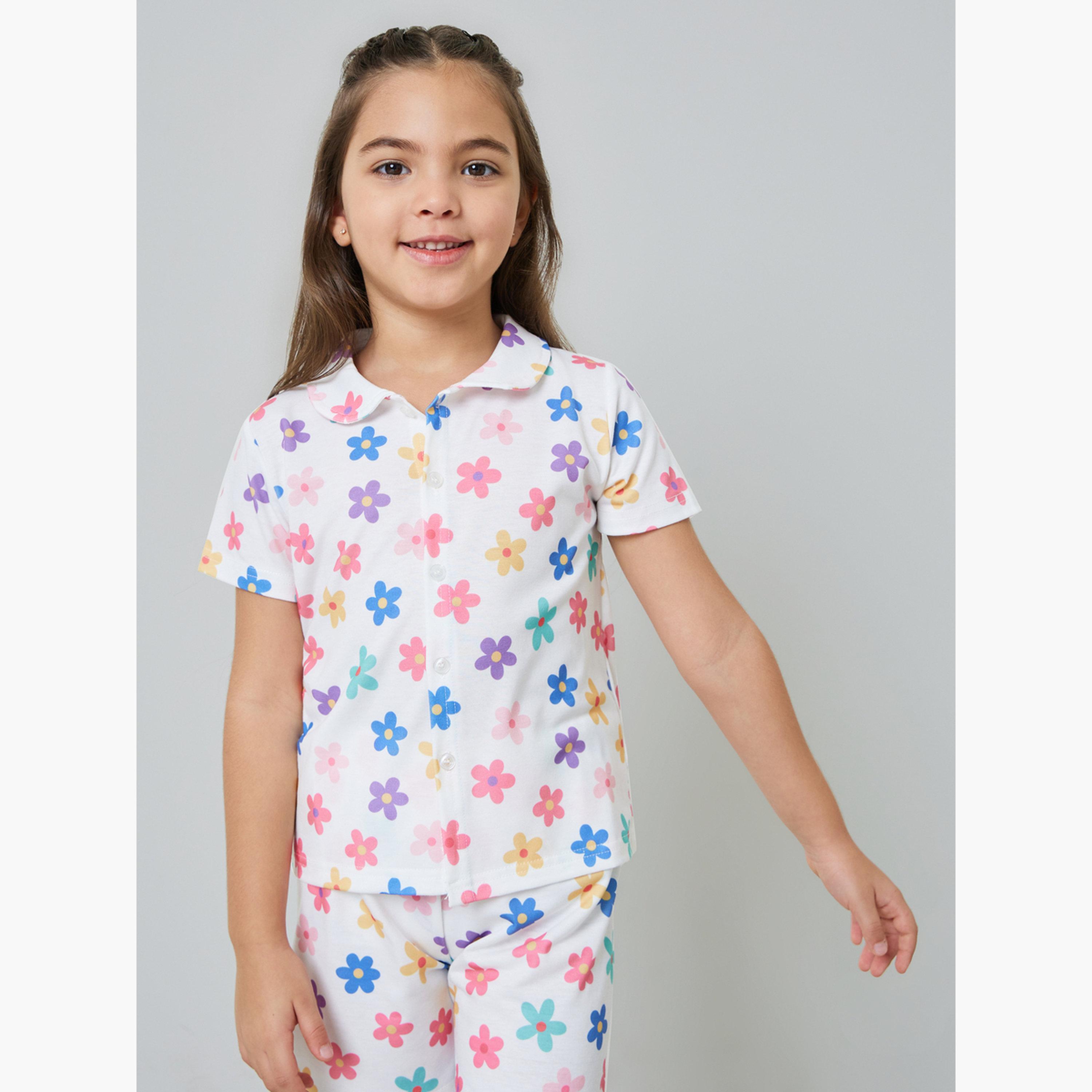 مجموعة من شورت وبلوزة بأزرار أمامية ونقشة زهور للبنات-girls-clothing-nightwear-image-3