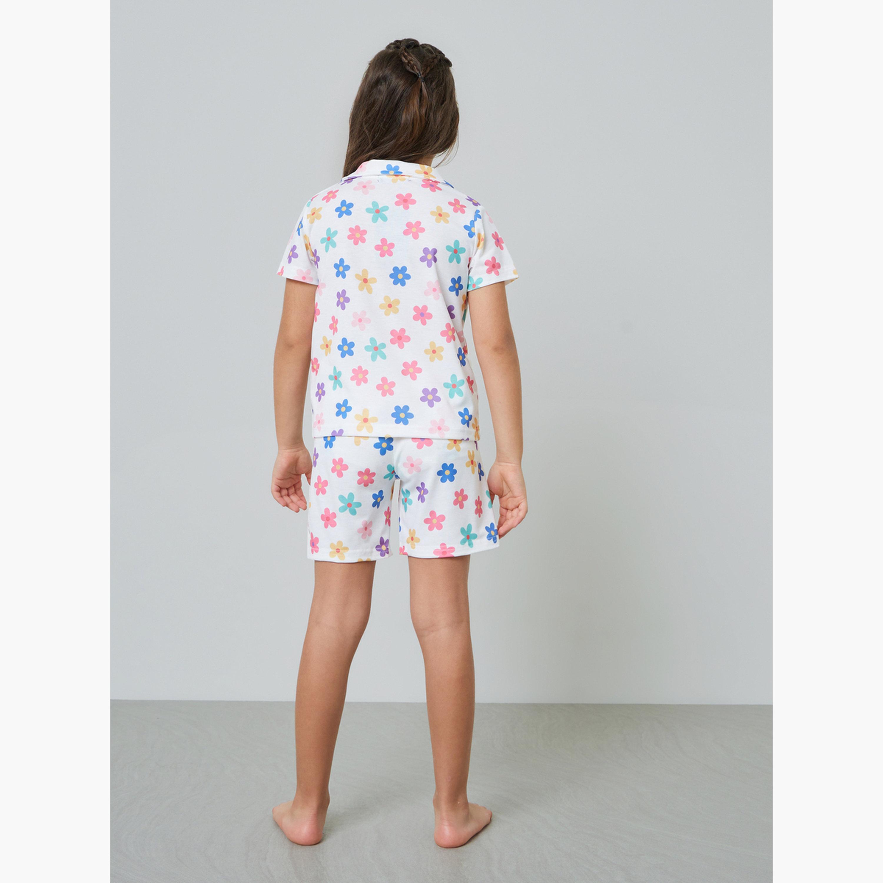 مجموعة من شورت وبلوزة بأزرار أمامية ونقشة زهور للبنات-girls-clothing-nightwear-image-4