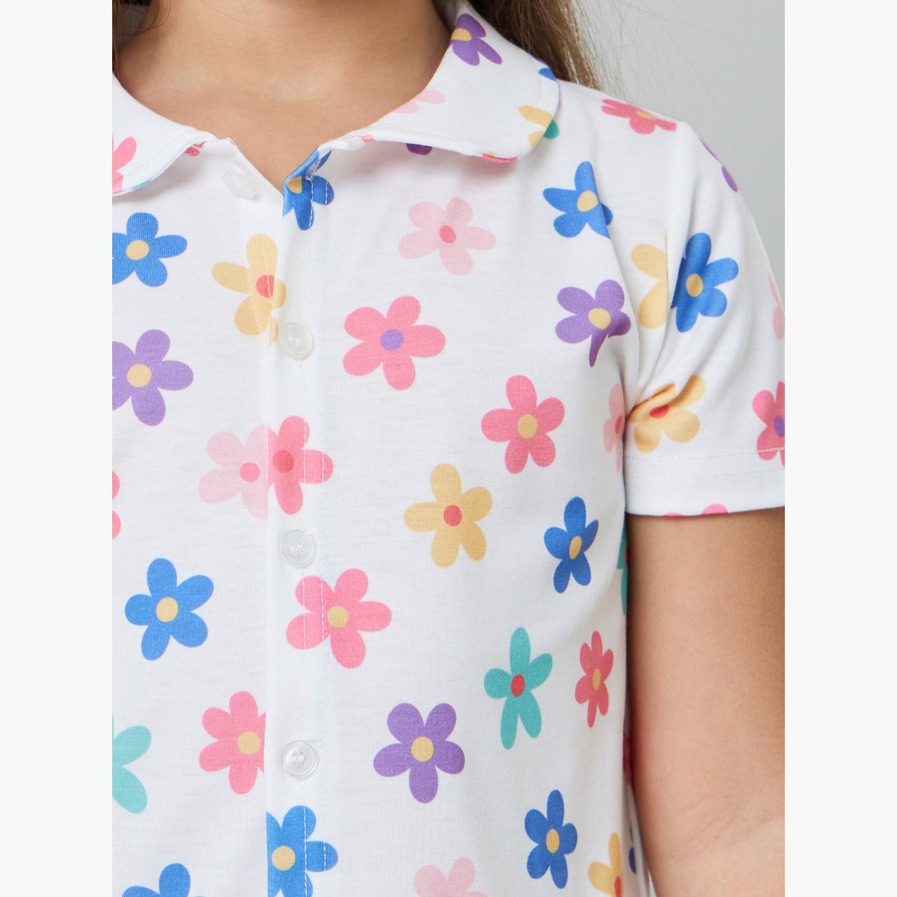 مجموعة من شورت وبلوزة بأزرار أمامية ونقشة زهور للبنات-girls-clothing-nightwear-image-6