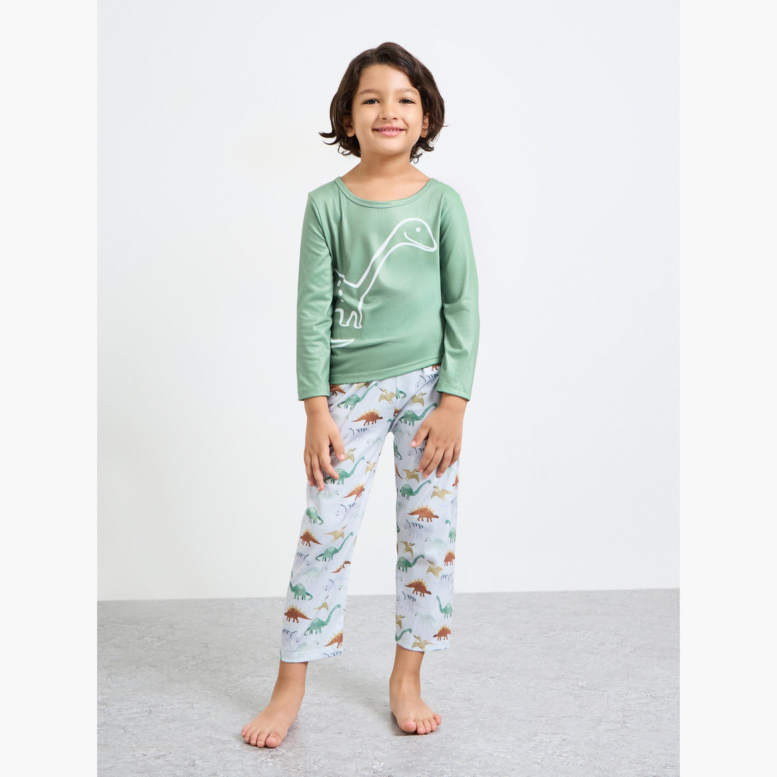 طقم بيجاما من بنطال بقصة مستقيمة وتيشيرت بأكمام طويلة بطبعة ديناصور للأولاد-boys-clothing-nightwear-image-1