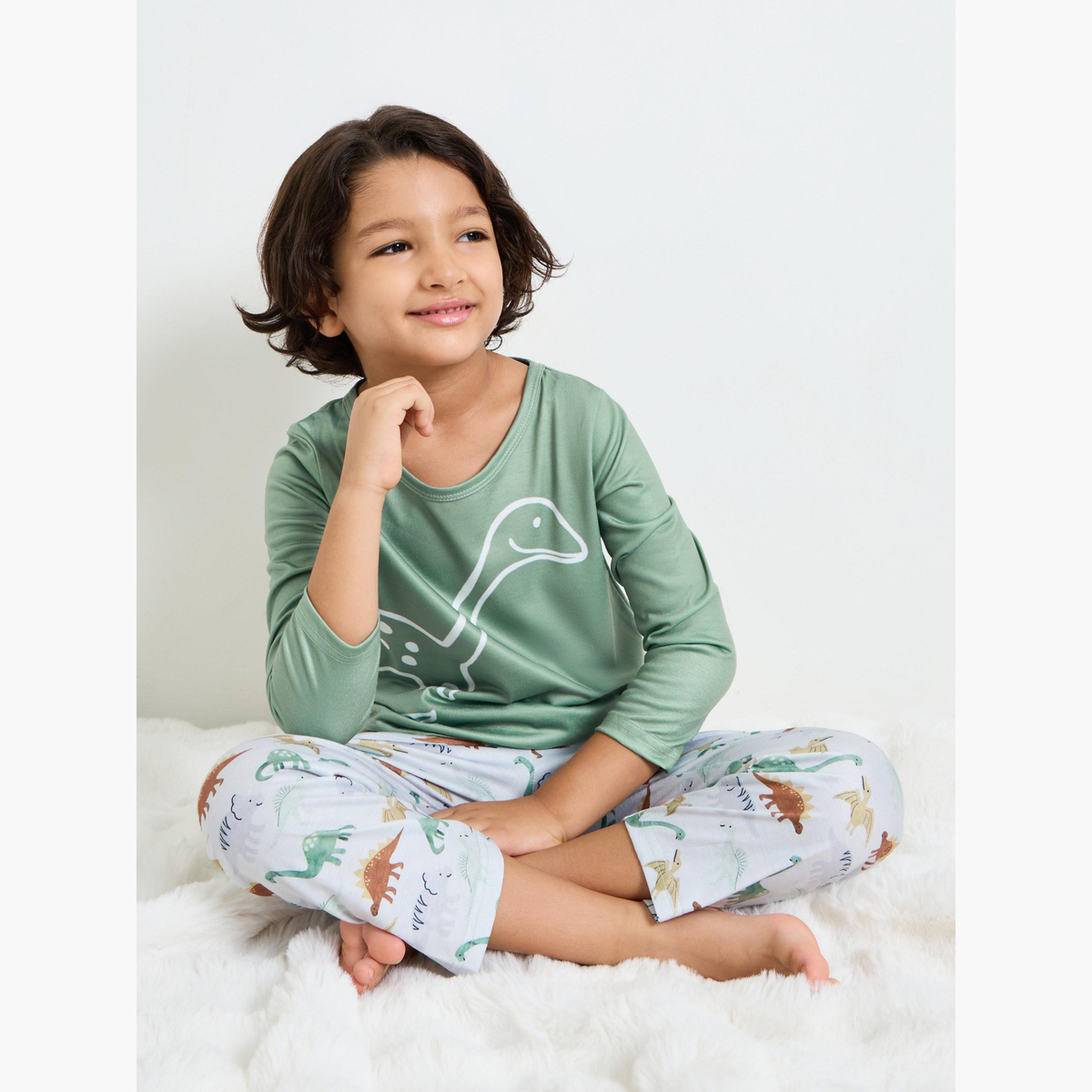 Styli Boys Dino Print Long Sleeves T-Shirt and Straight Leg Pyjama Set-boys-clothing-nightwear-image-2