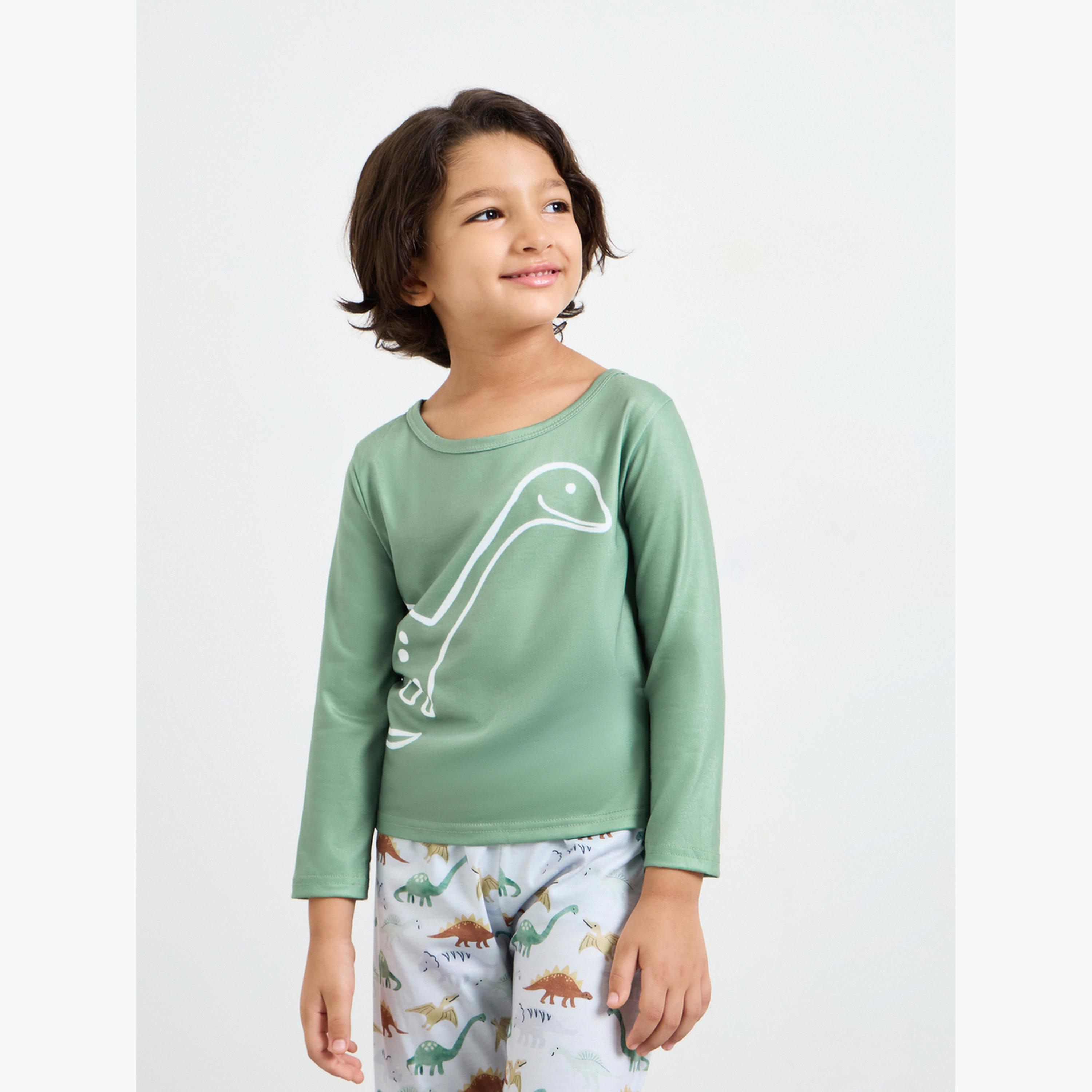 طقم بيجاما من بنطال بقصة مستقيمة وتيشيرت بأكمام طويلة بطبعة ديناصور للأولاد-boys-clothing-nightwear-image-3