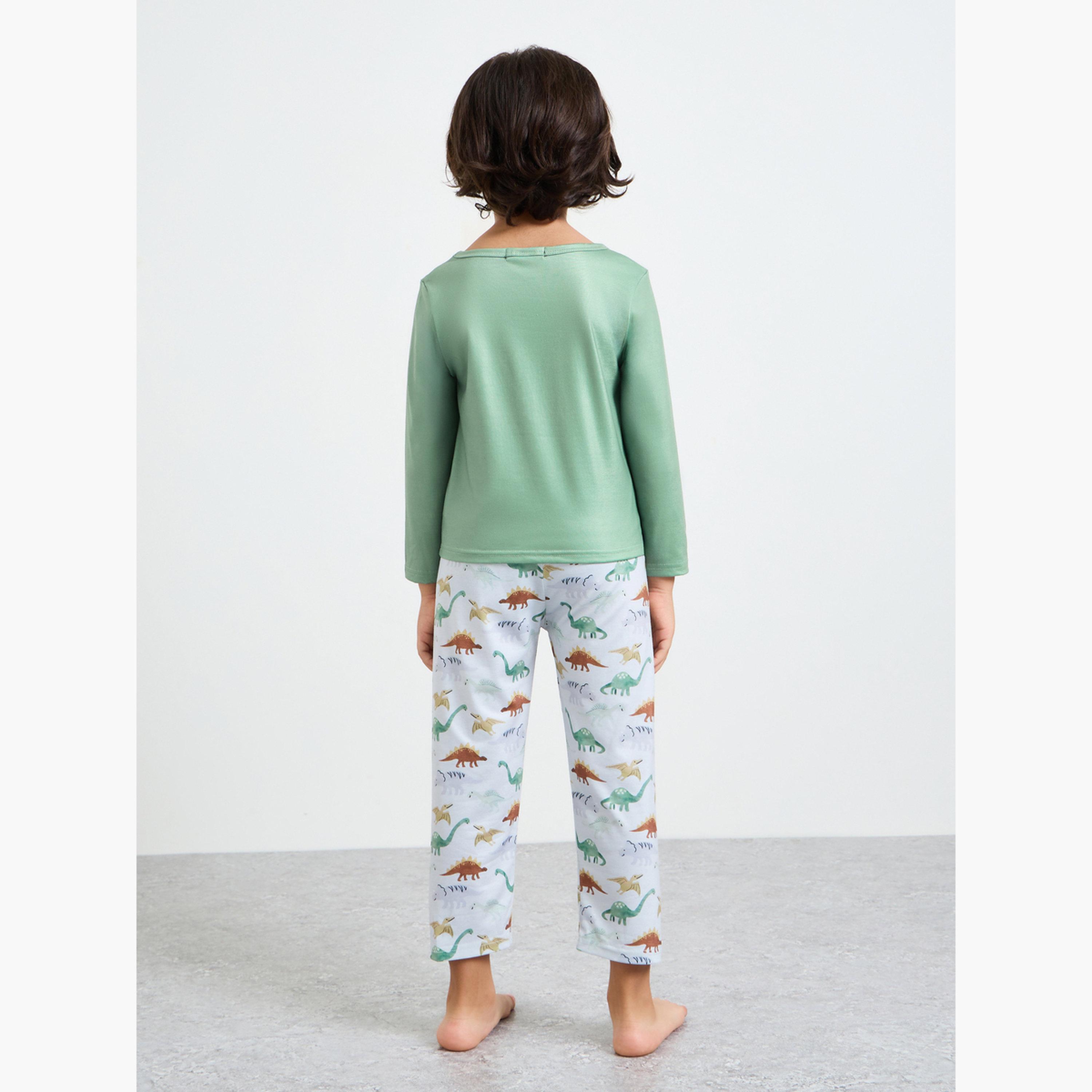 طقم بيجاما من بنطال بقصة مستقيمة وتيشيرت بأكمام طويلة بطبعة ديناصور للأولاد-boys-clothing-nightwear-image-4