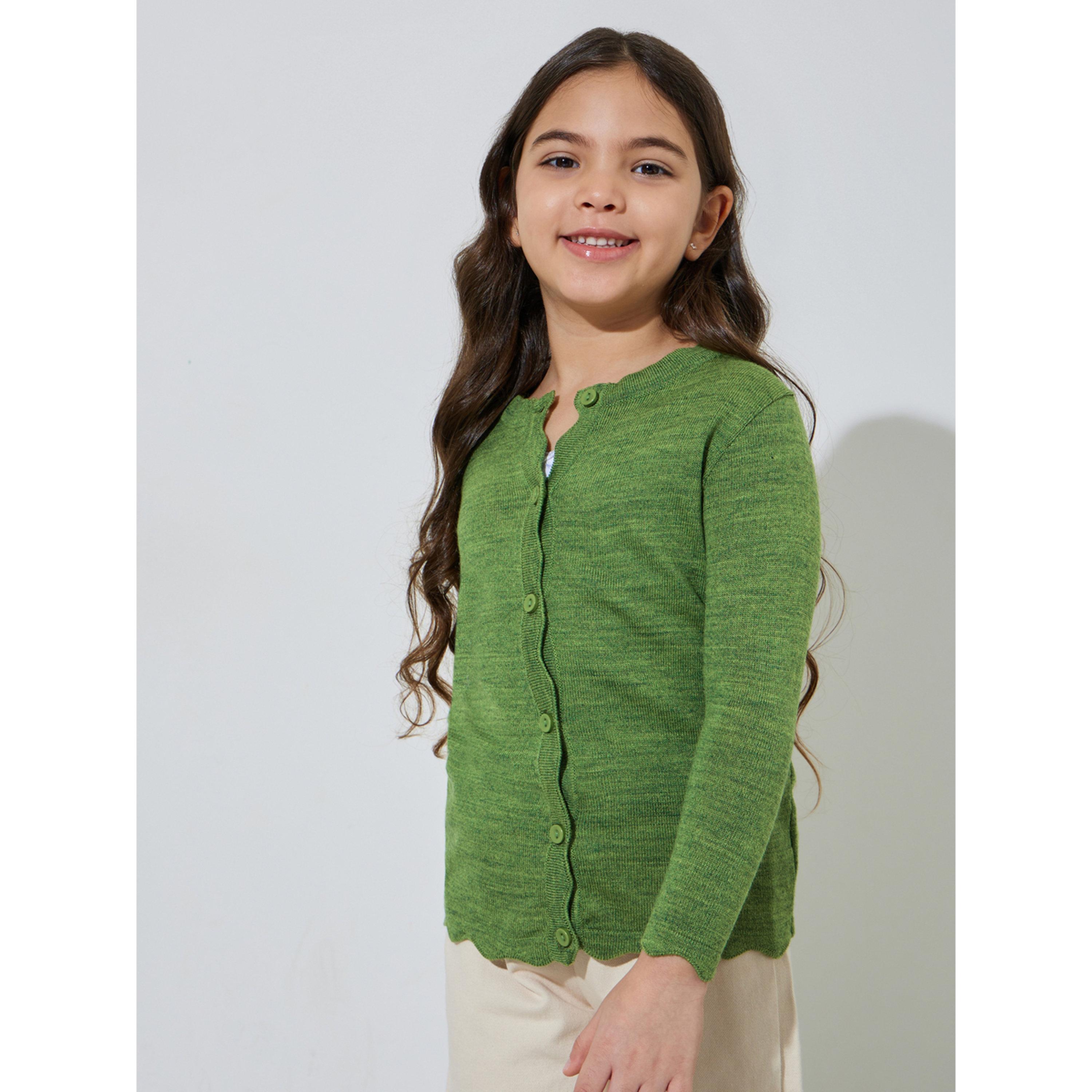 Styli Girls Green Solid Button-Front Cardigan-girls-clothing-jumpersandcardigans-image-1