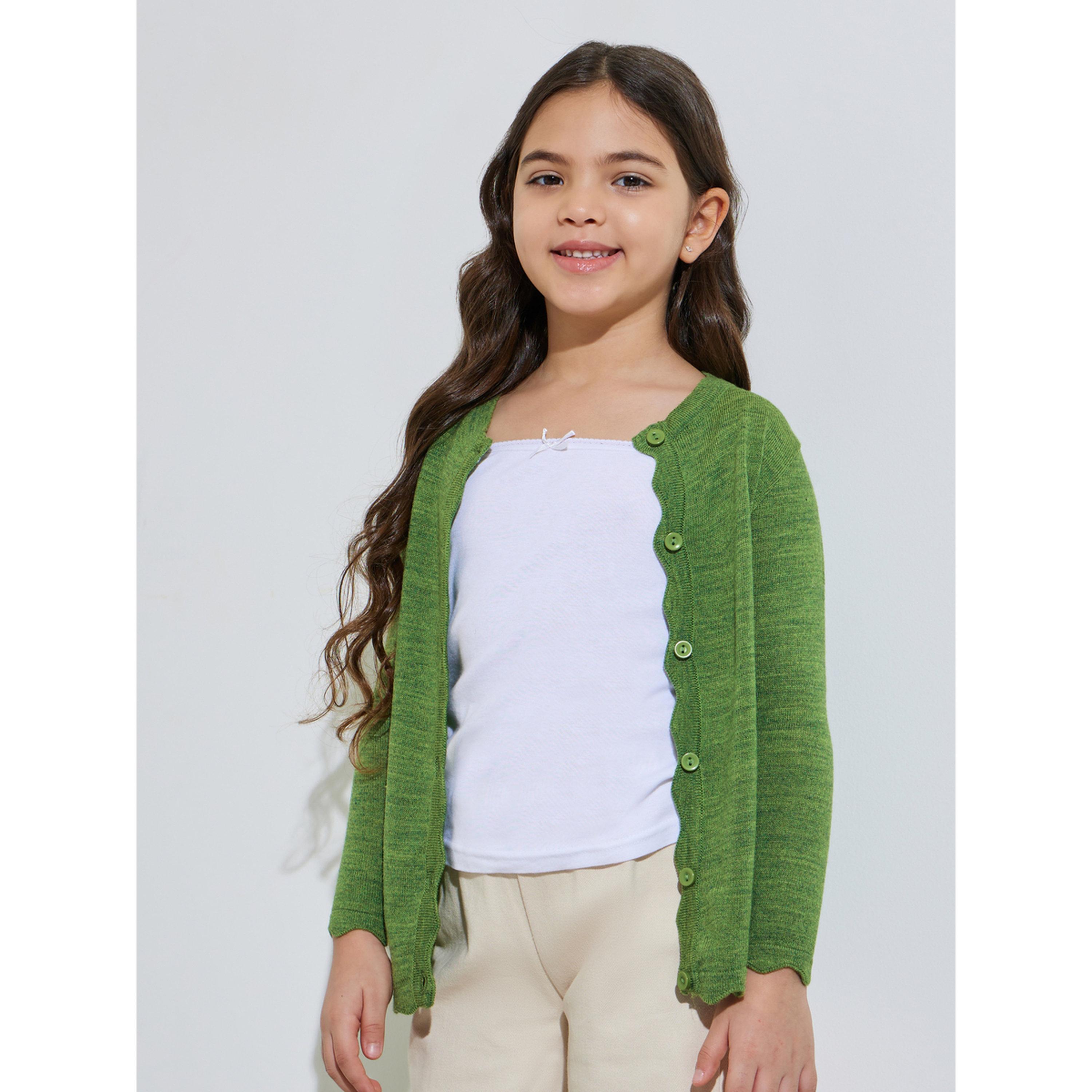 Styli Girls Green Solid Button-Front Cardigan-girls-clothing-jumpersandcardigans-image-3
