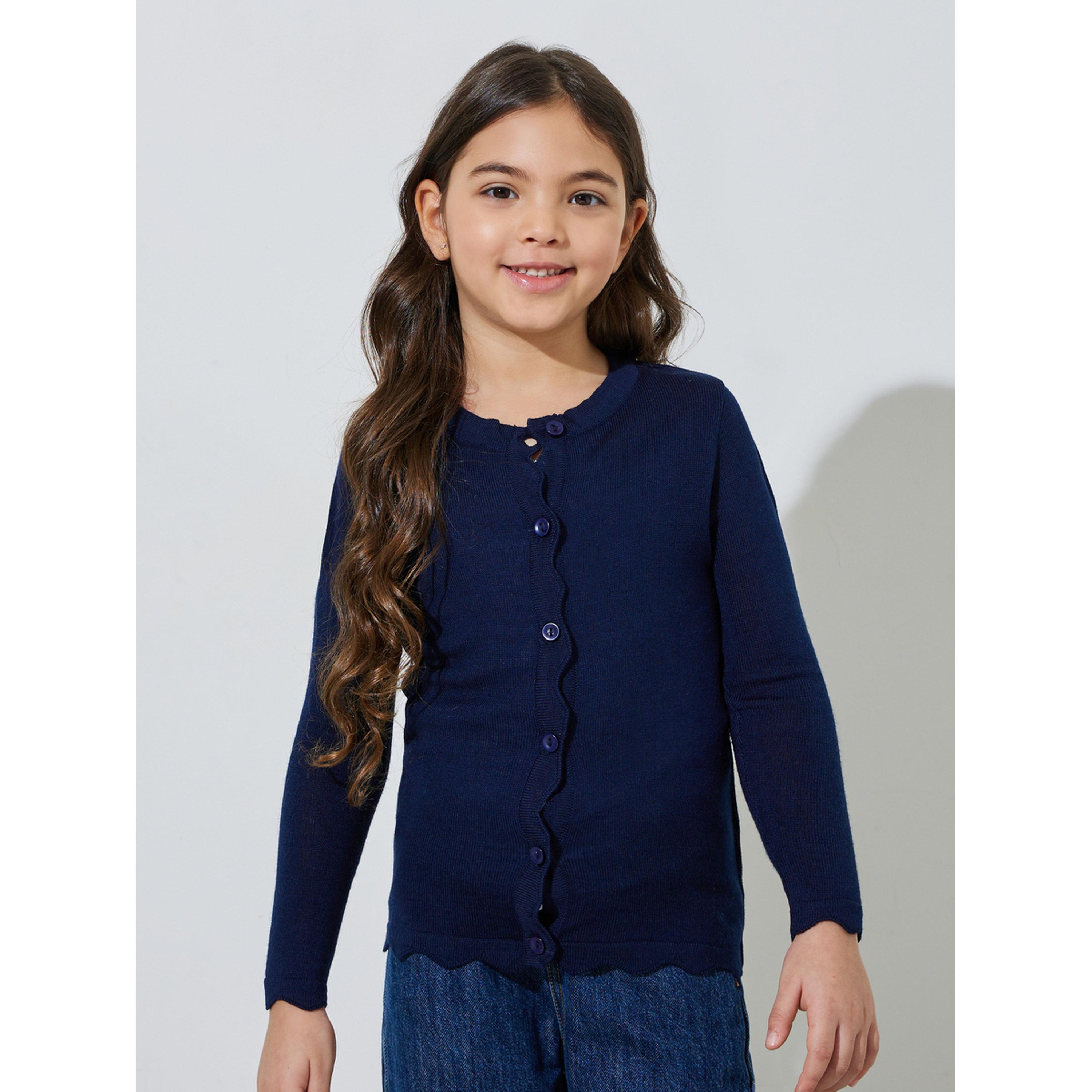 Styli Girls Navy Blue Solid Button-Front Cardigan-girls-clothing-jumpersandcardigans-image-1