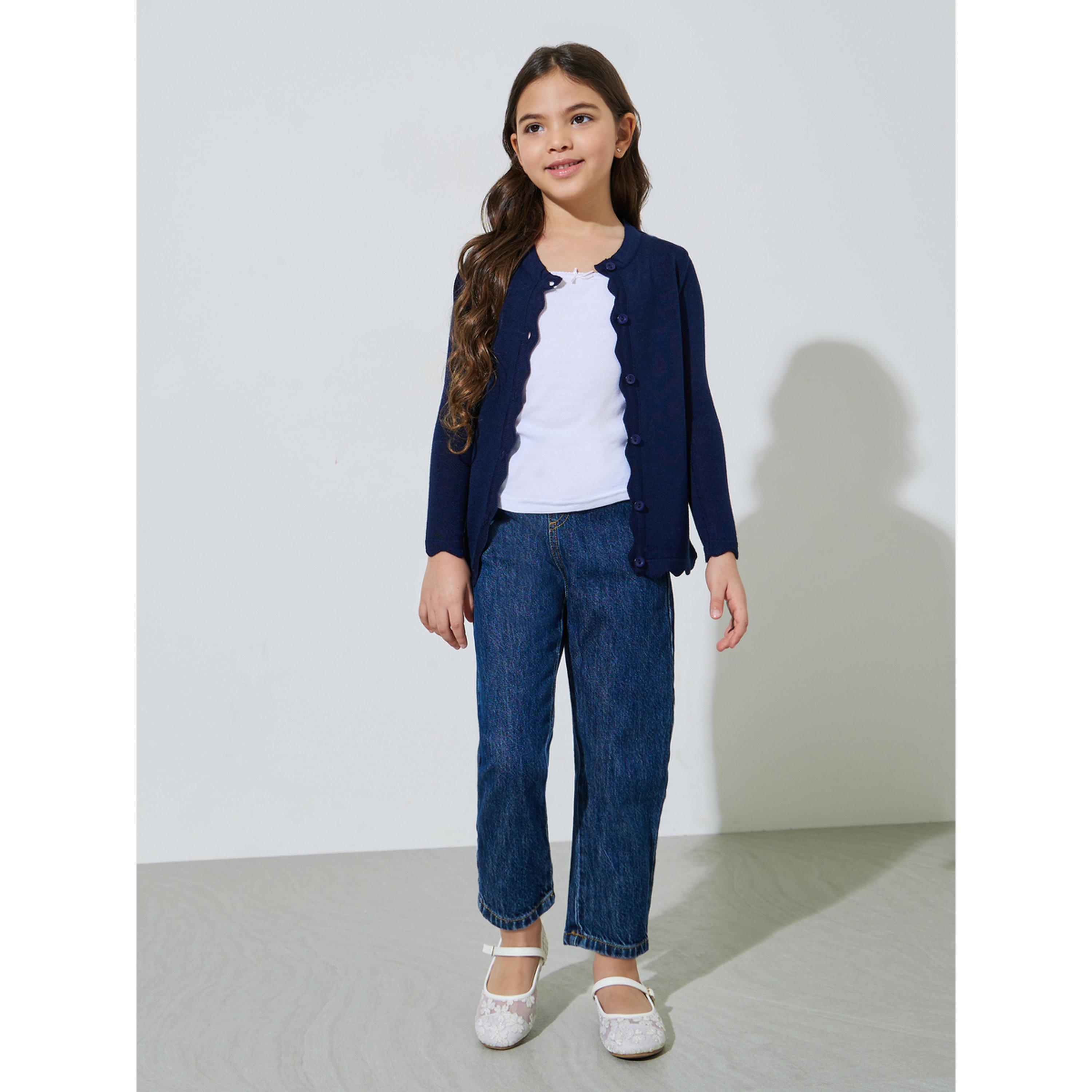Styli Girls Navy Blue Solid Button-Front Cardigan-girls-clothing-jumpersandcardigans-image-2