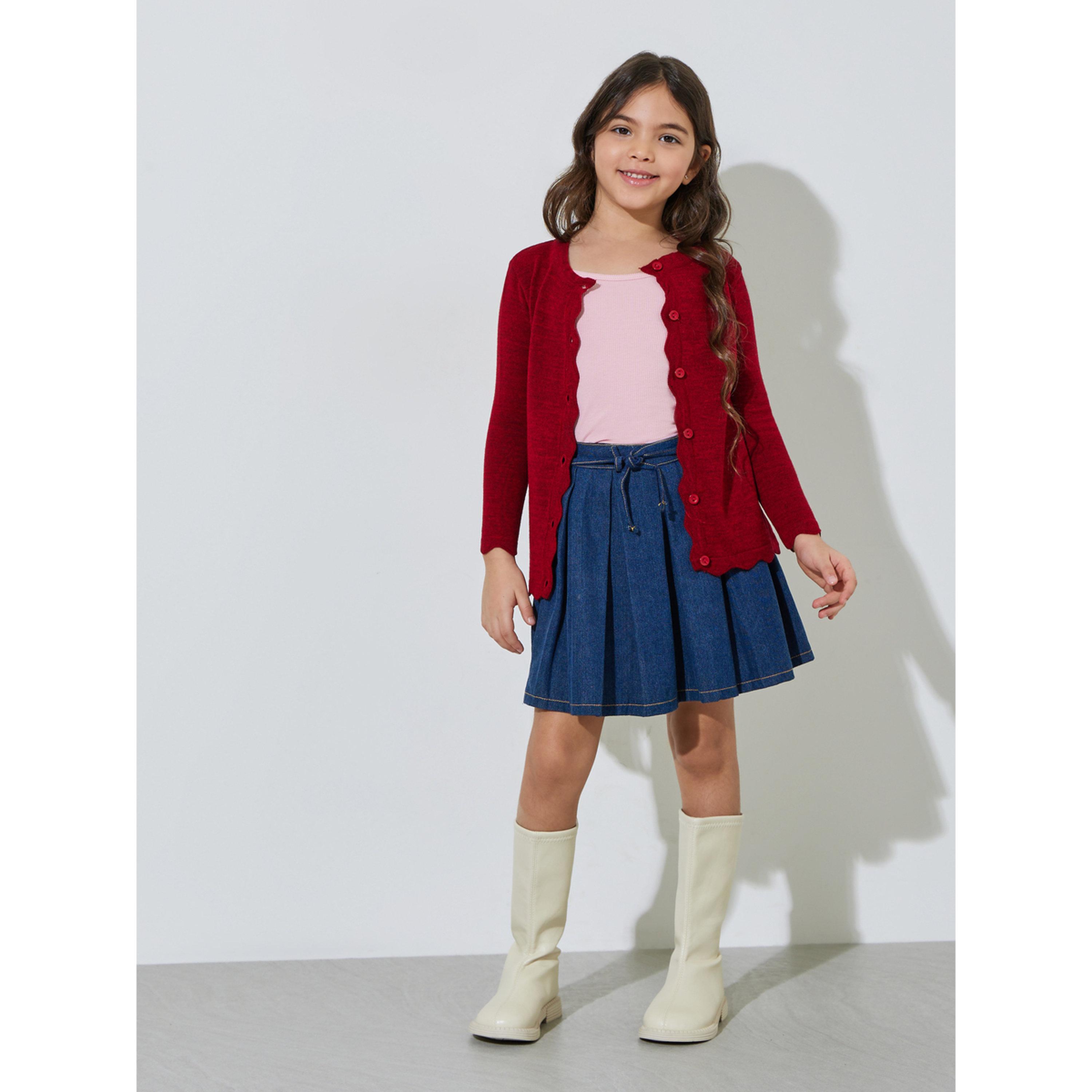 Styli Girls Red Solid Button-Front Cardigan-girls-clothing-jumpersandcardigans-image-2