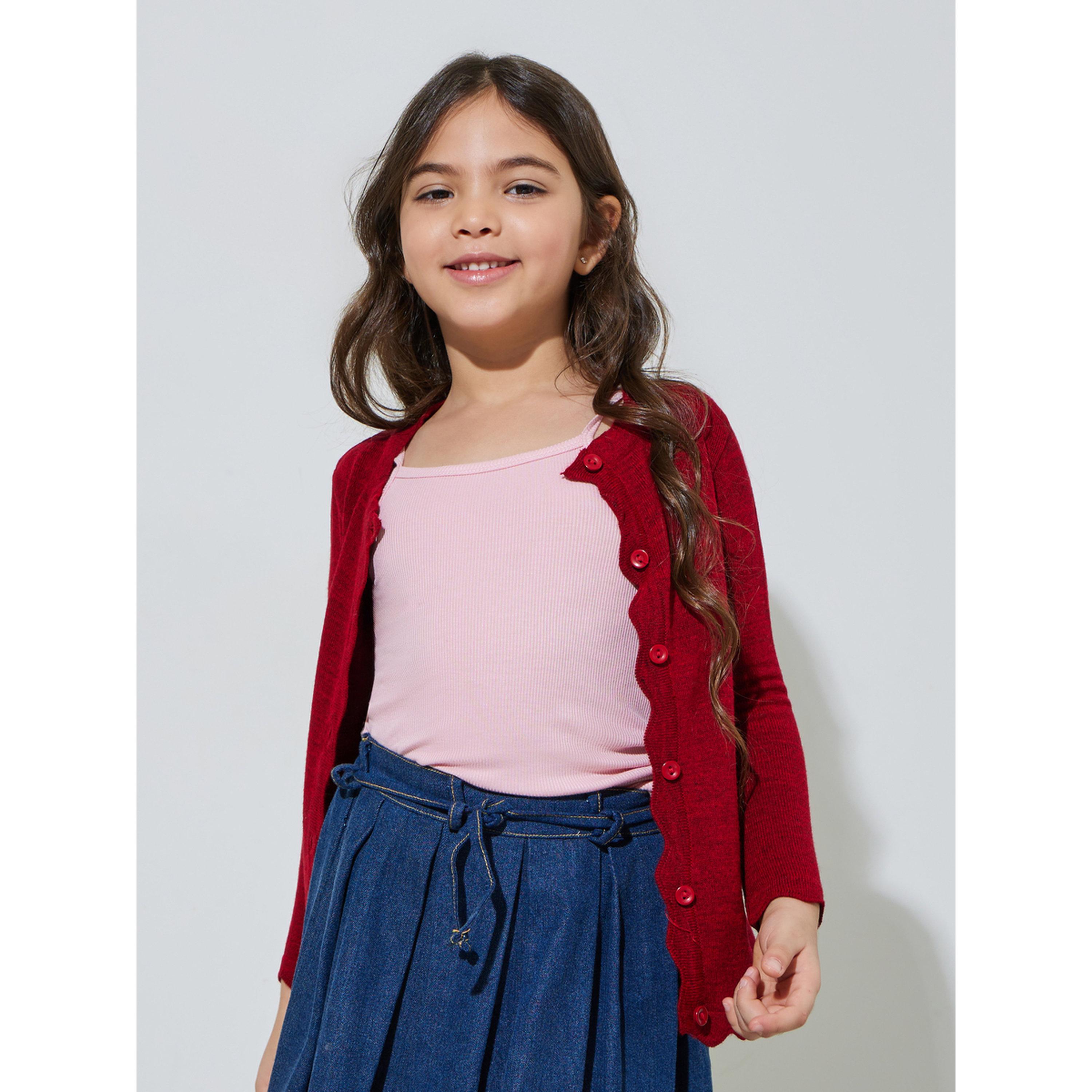 Styli Girls Red Solid Button-Front Cardigan-girls-clothing-jumpersandcardigans-image-3